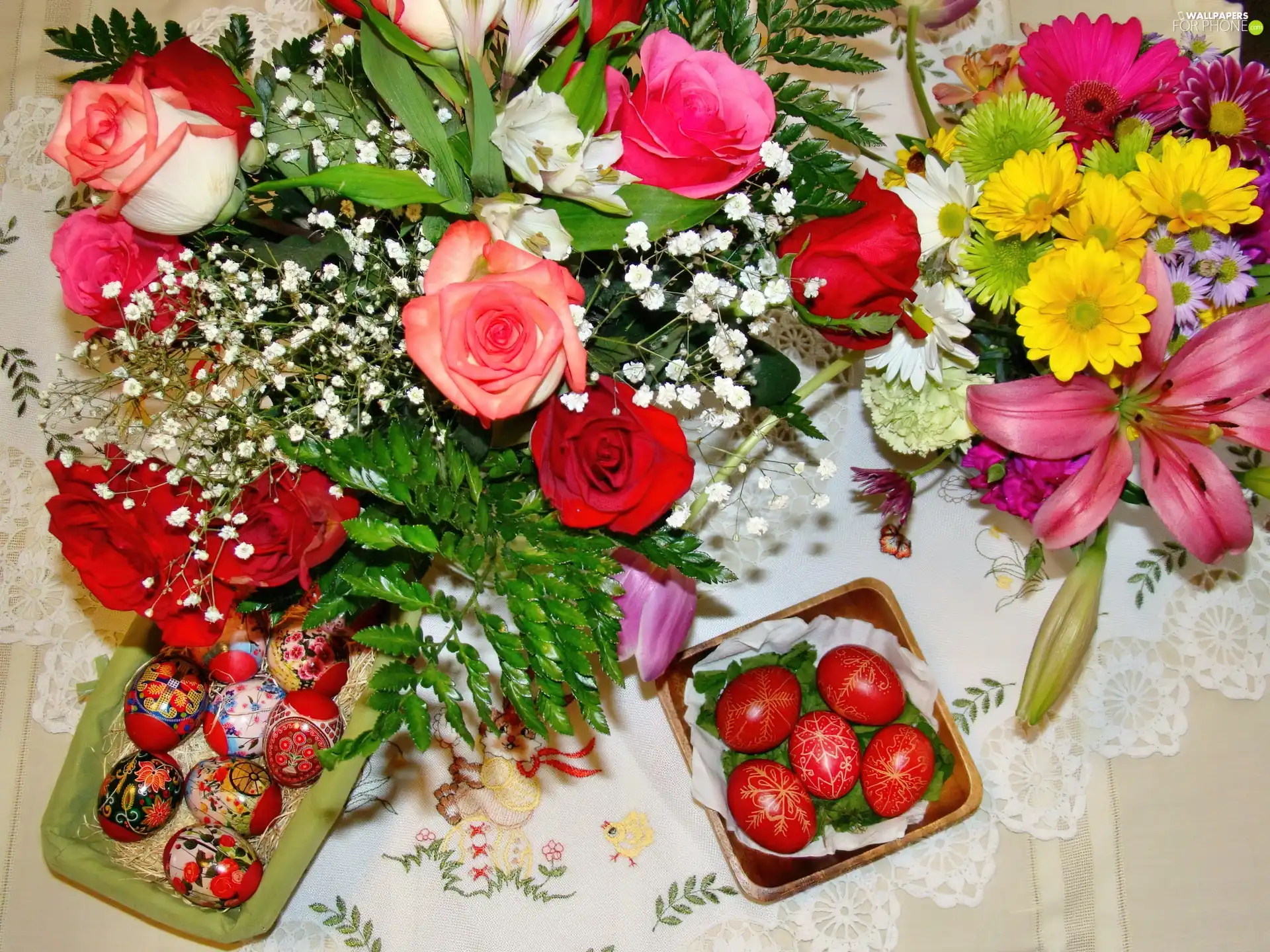 bouquet, flowers, eggs, Easter, color
