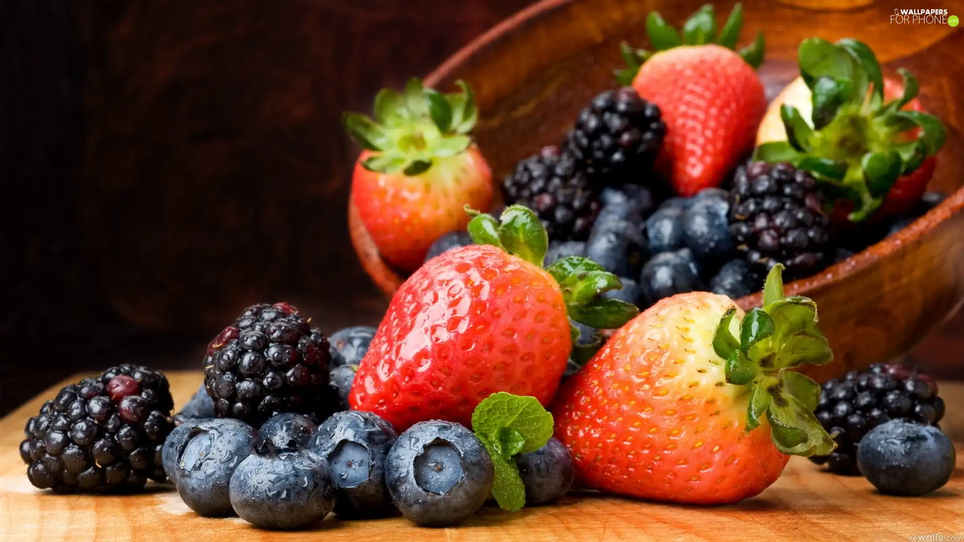 strawberries, blueberries, bowl, blackberries