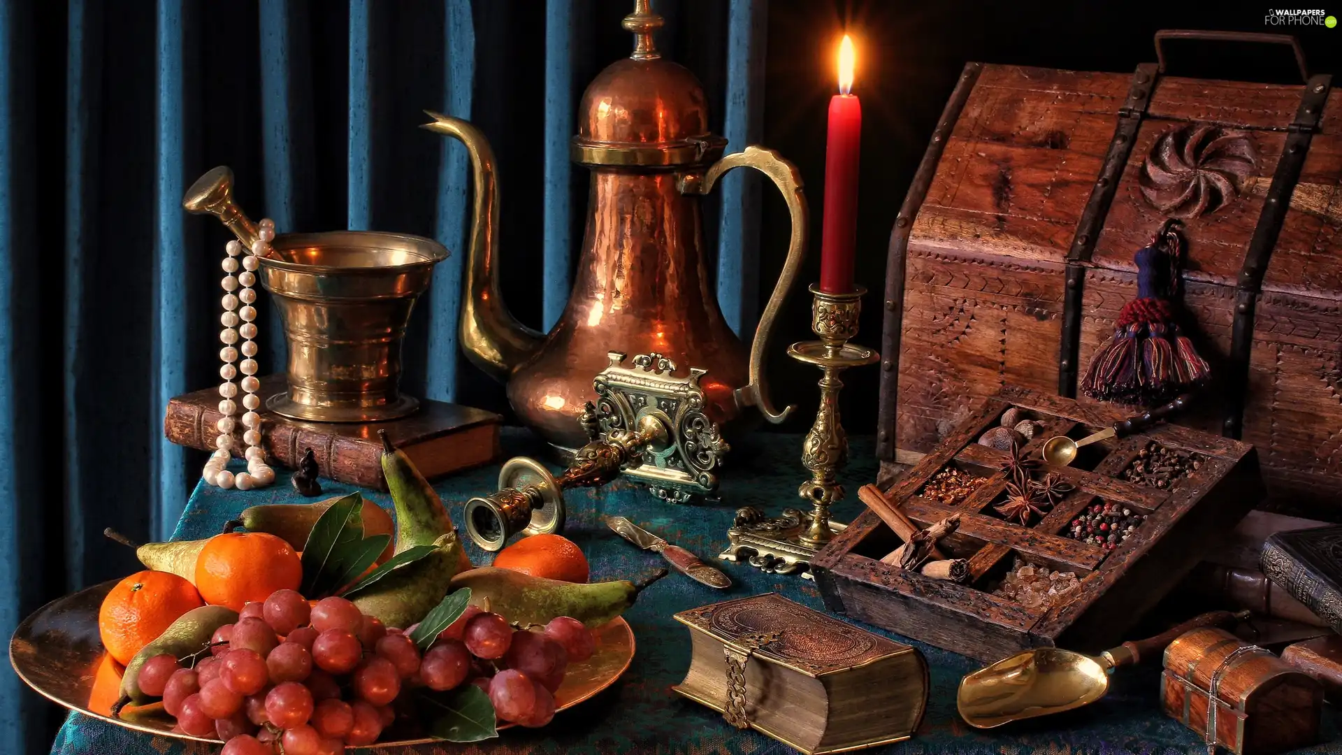 Pearl, composition, candle, jug, box, spice, candlestick, mortar, Fruits, Books, casket