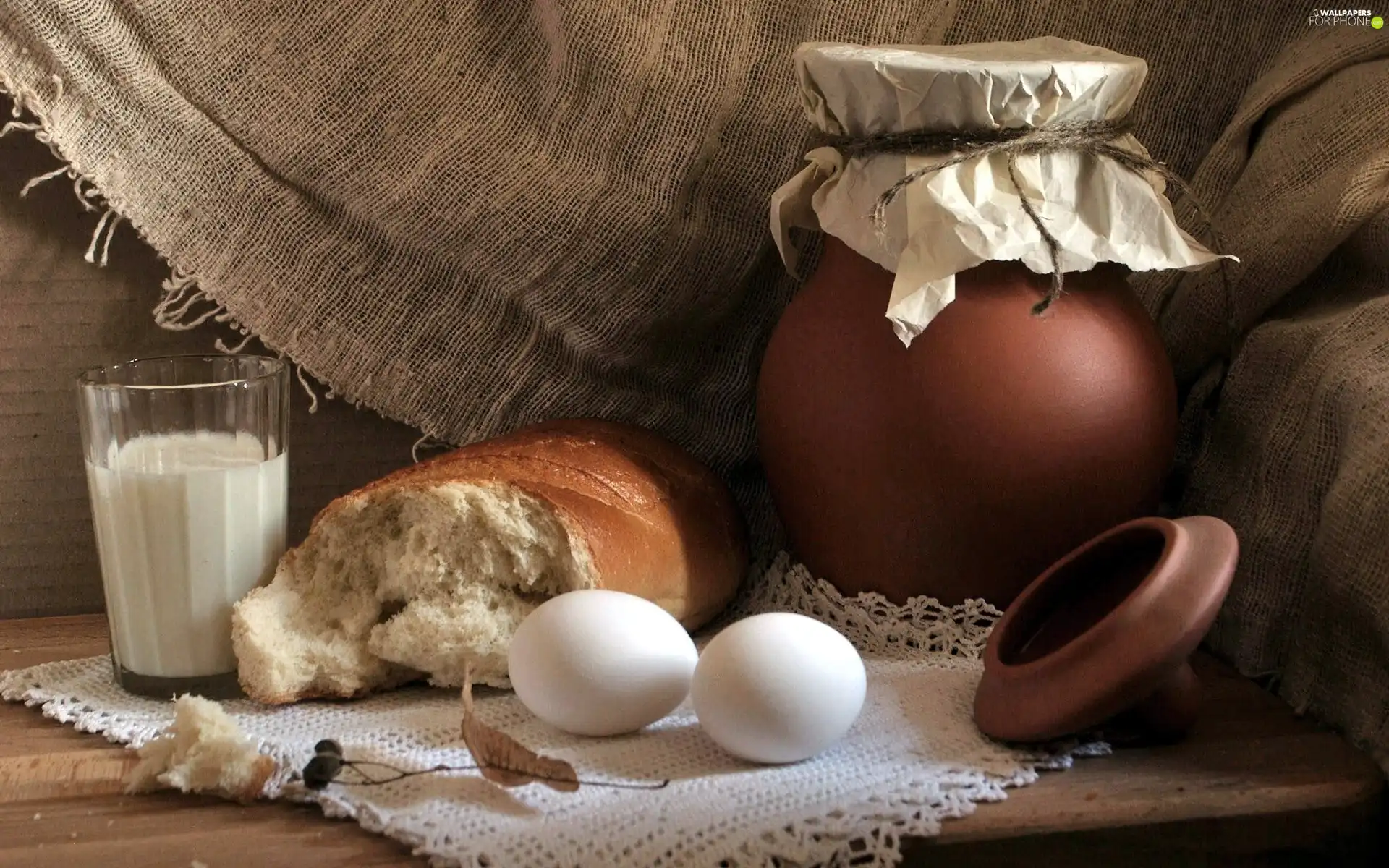 pitcher, eggs, bread, milk