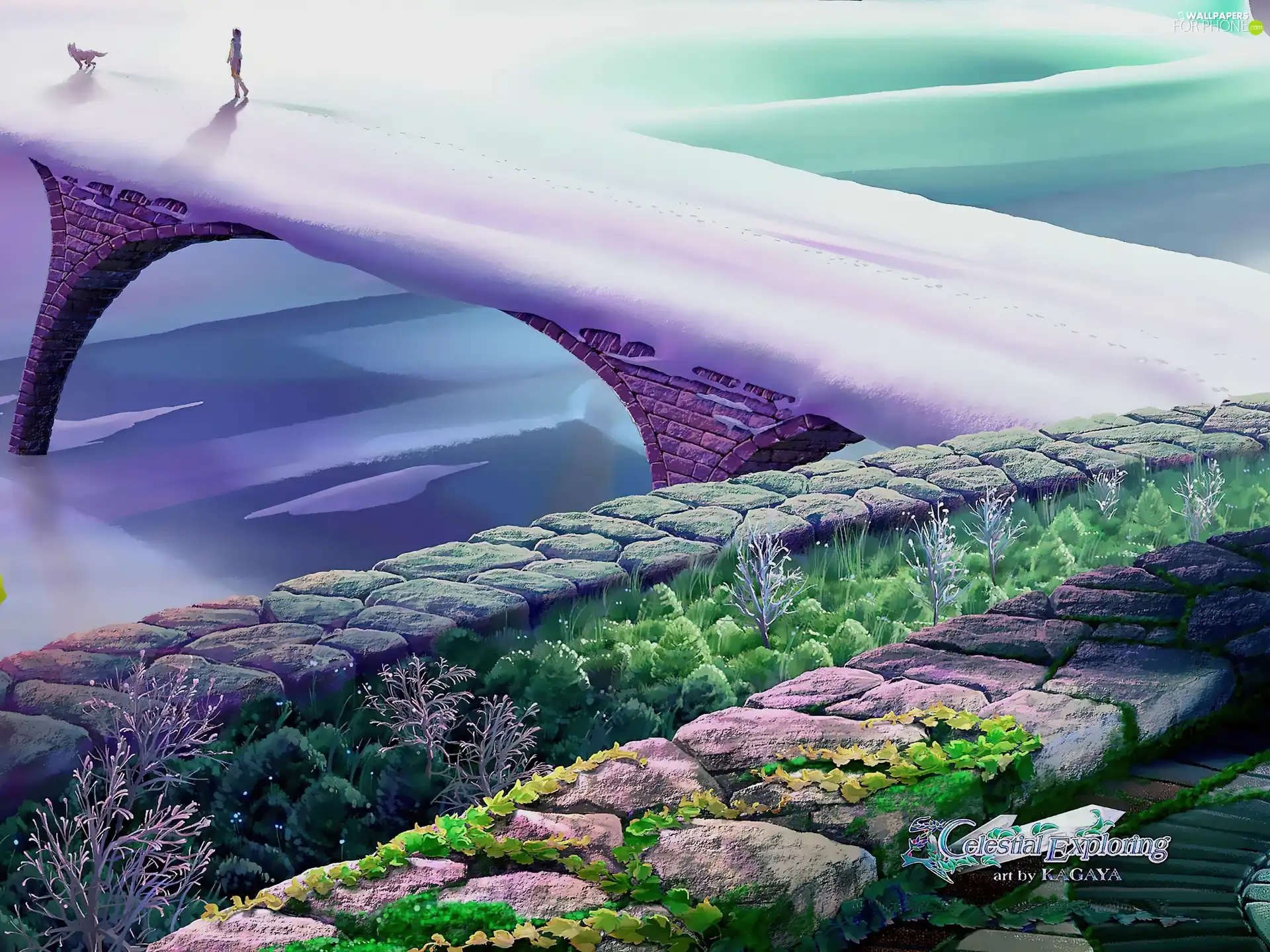 bridge, snow, Kagaya, stone, graphics
