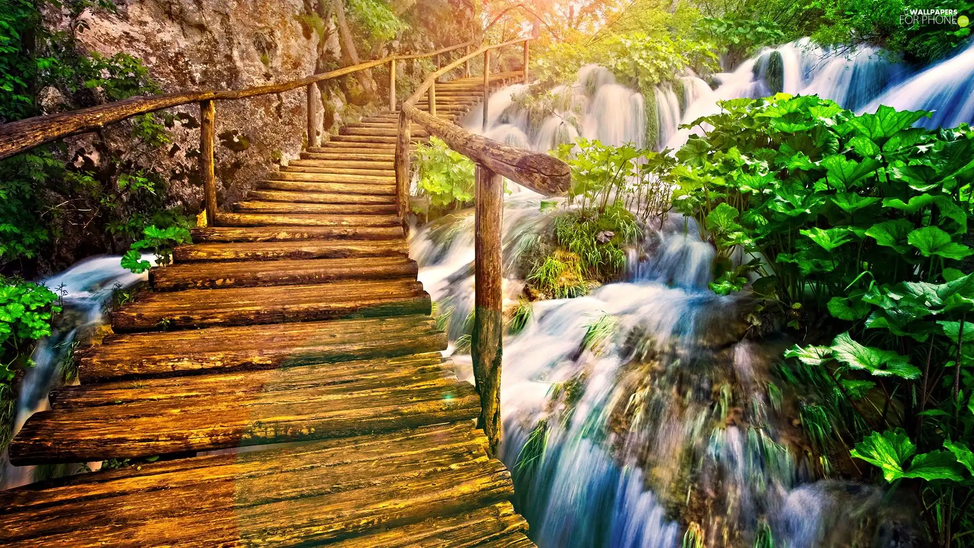 bridges, waterfall, wooden