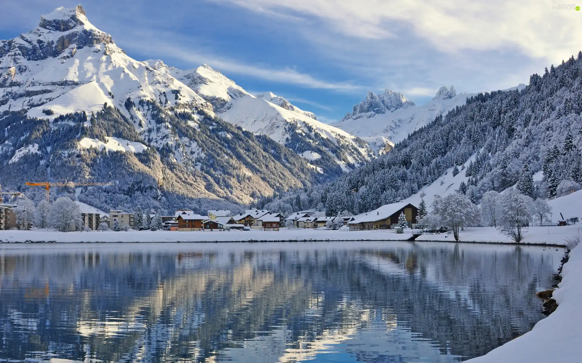 buildings, winter, forest, lake, Mountains