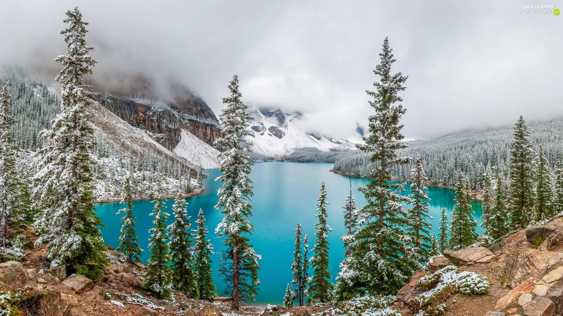 Alberta, Mountains, trees, Banff National Park, woods, winter, viewes, Spruces, Stones, clouds, Moraine Lake, lake, snow, Canada