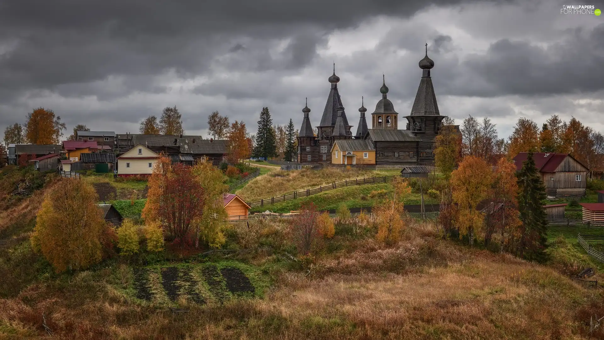 autumn, Houses, viewes, Cerkiew, country, trees, clouds
