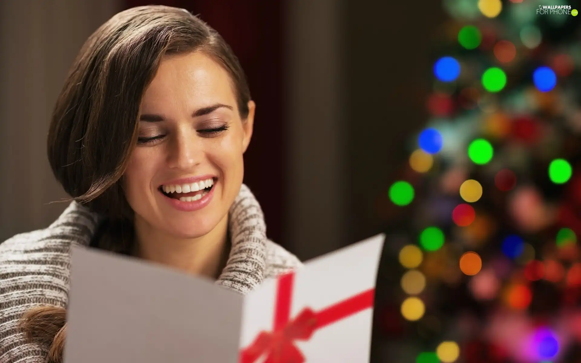 christmas tree, card, girl, illuminated, smiling