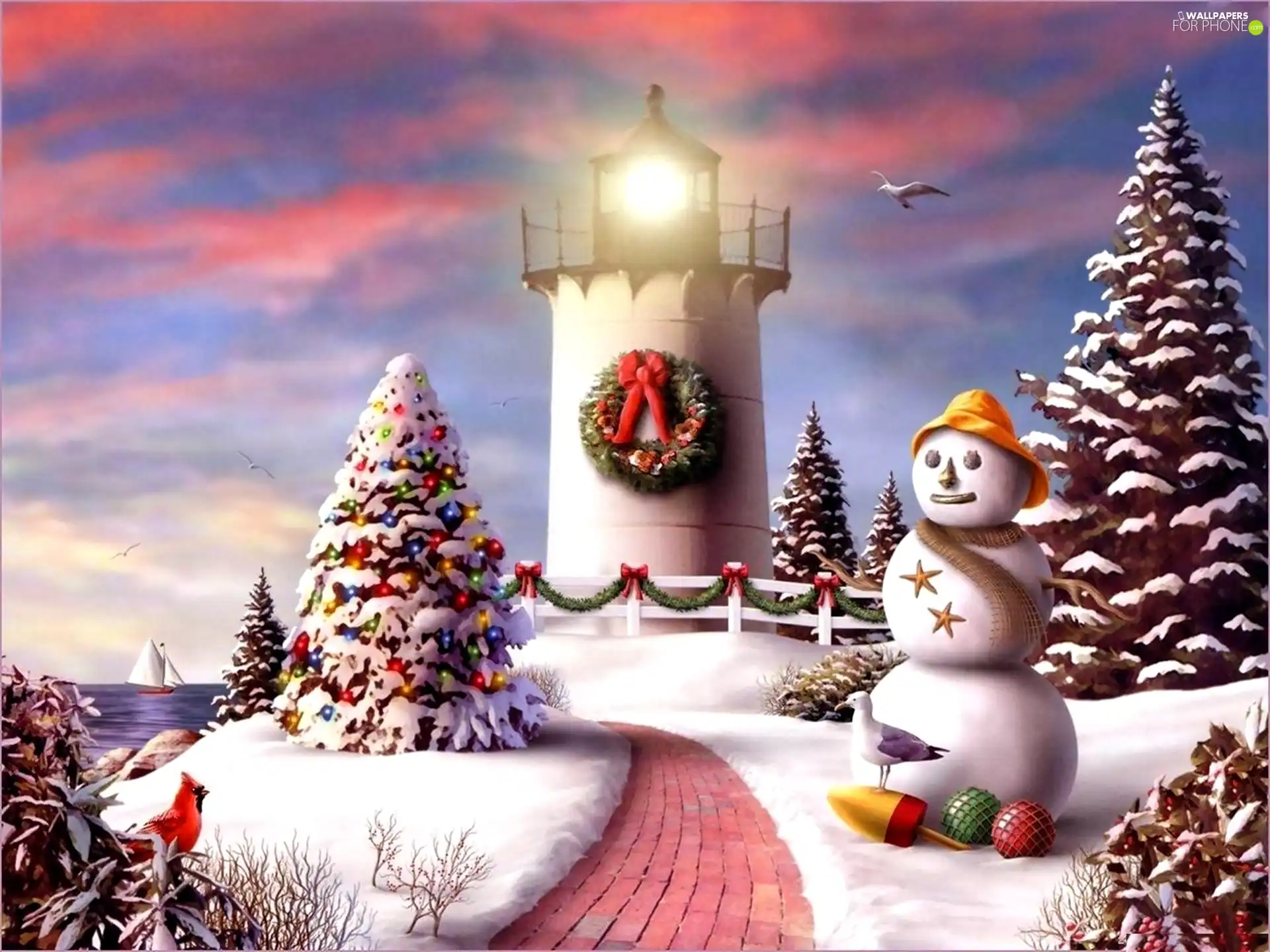 Christmas, winter, Lighthouse, maritime, Snowman