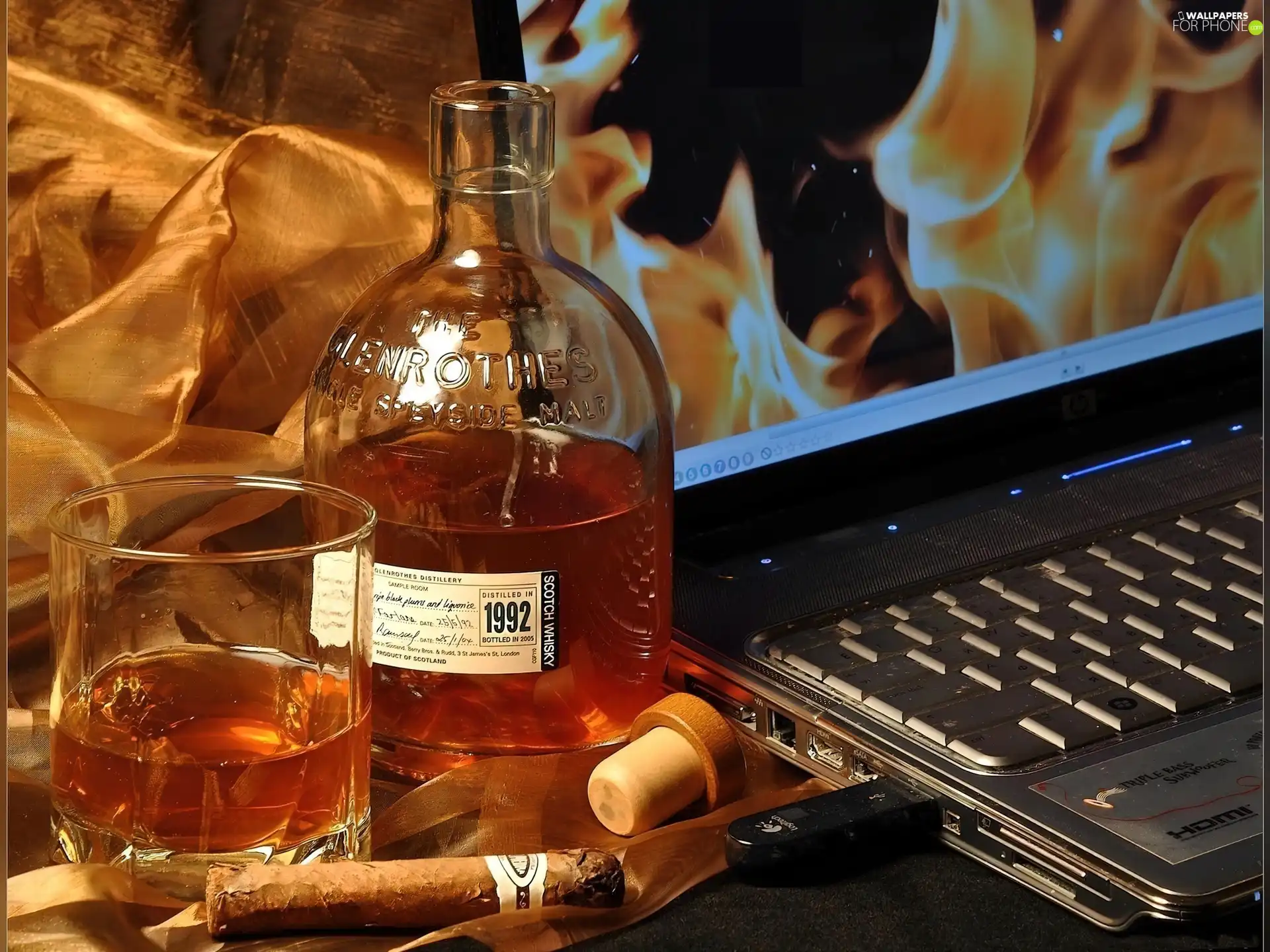 cigar, laptop, Bottle, cognac, A glass