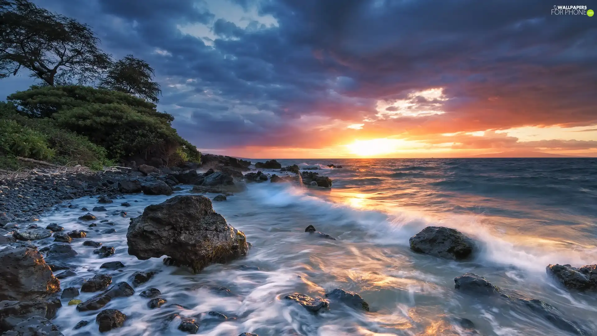 rocks, sea, Sunrise, clouds, Stones, Coast