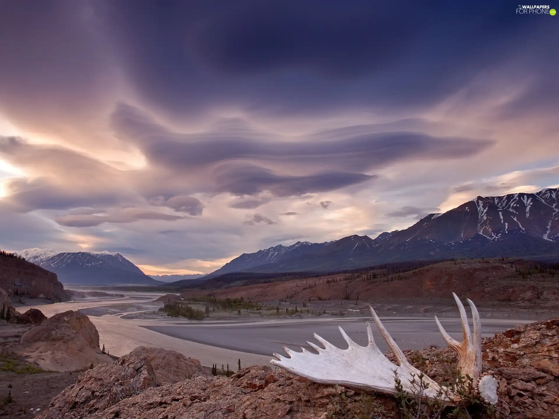 Mountains, antlers, clouds, River