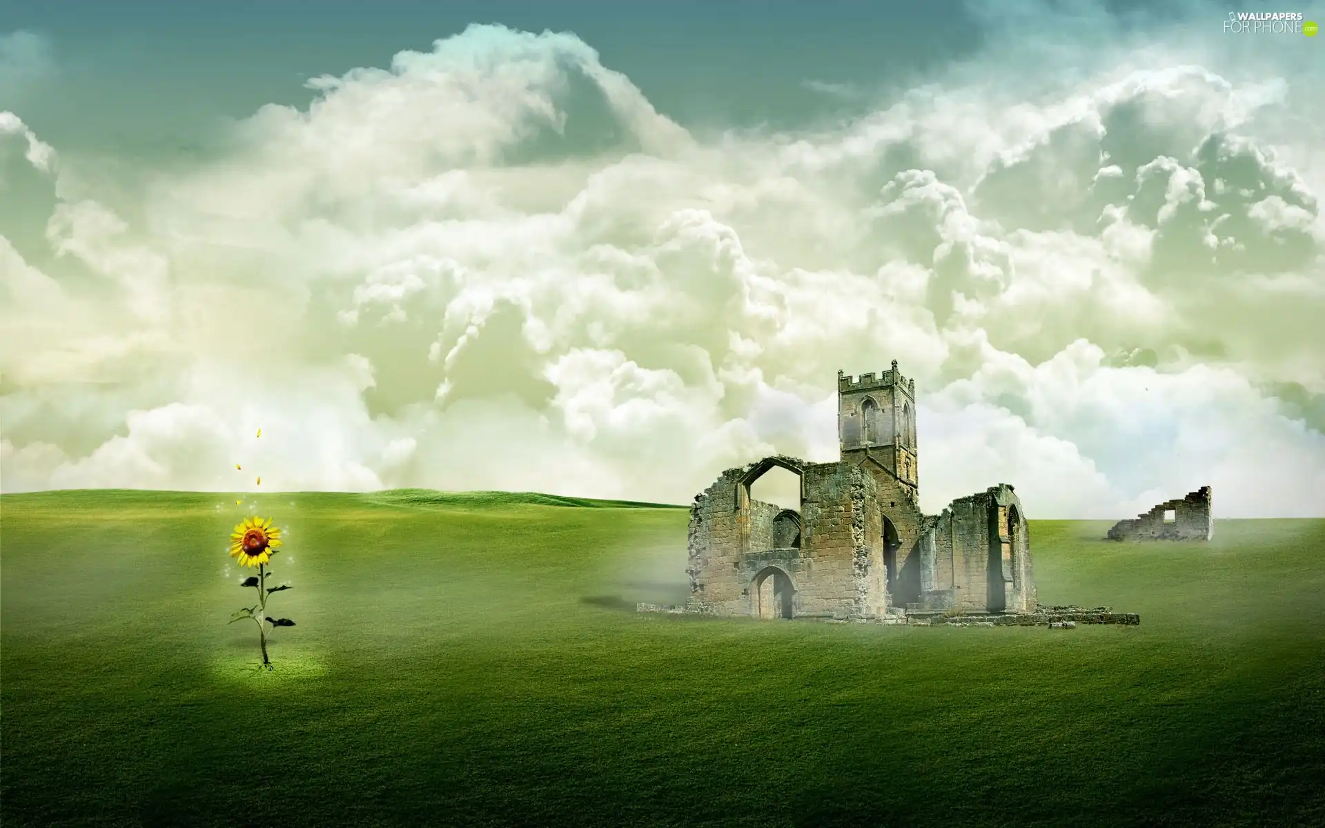 ruins, Sunflower, clouds, castle