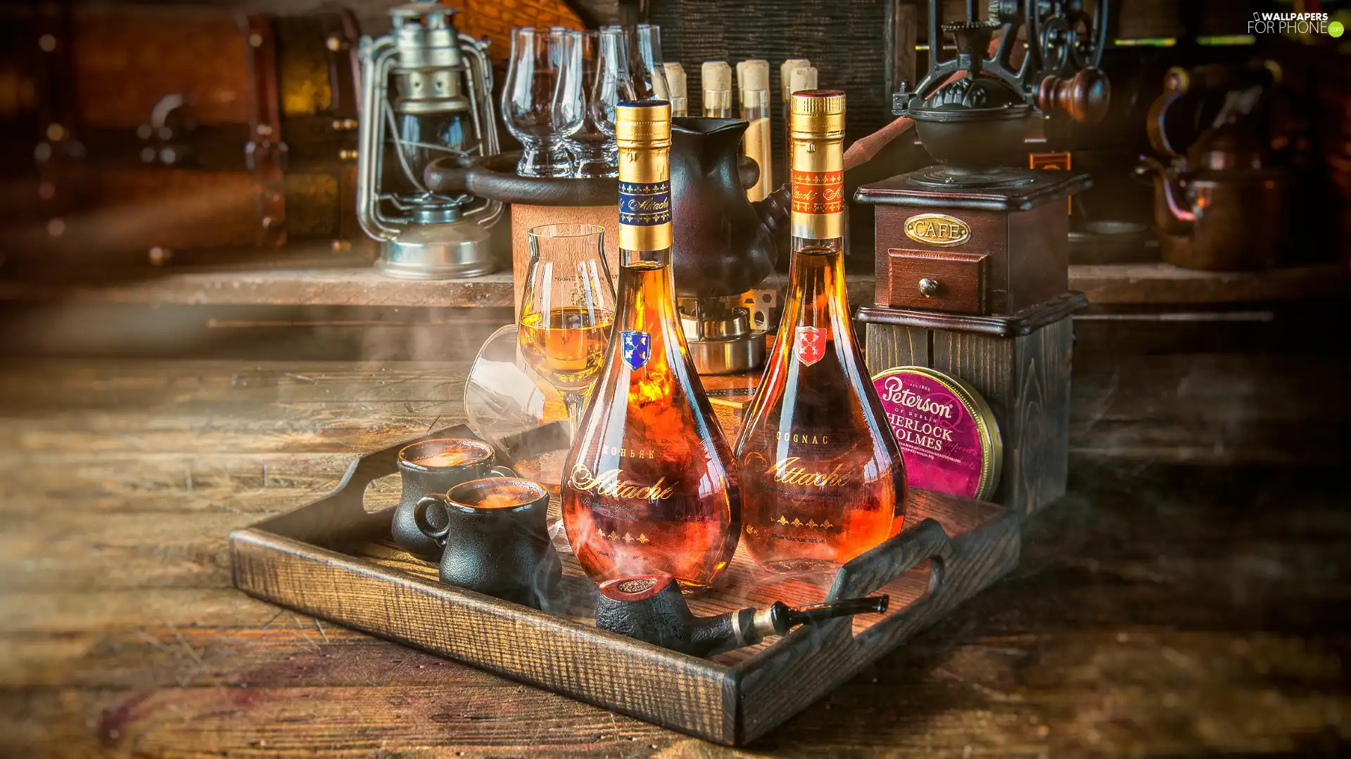 glasses, Bottles, coffee, cognac, composition, Tray, mill