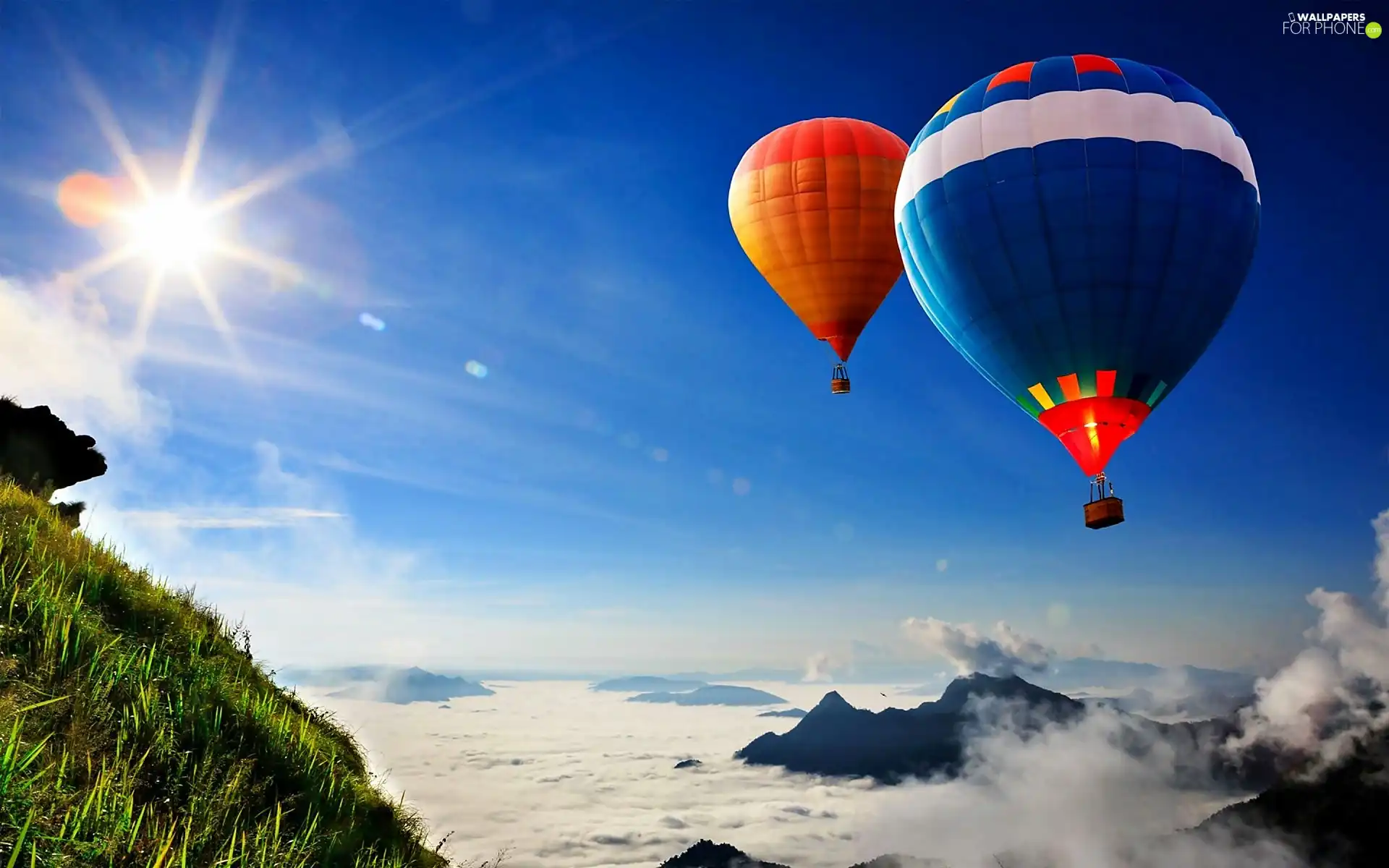 rays, Mountains, color, Balloons, sun, clouds