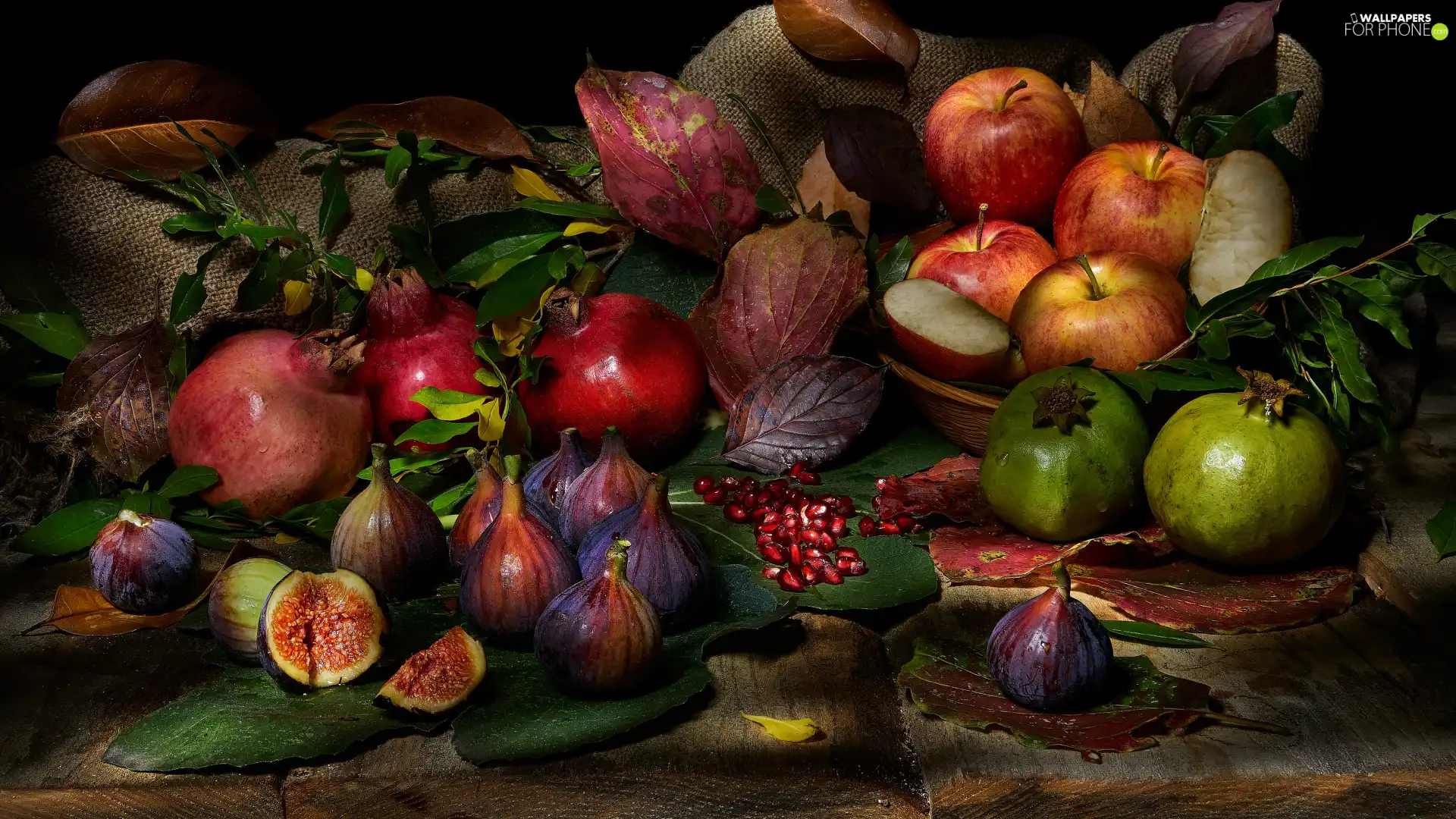 grenades, Fruits, Leaf, composition, figs, apples