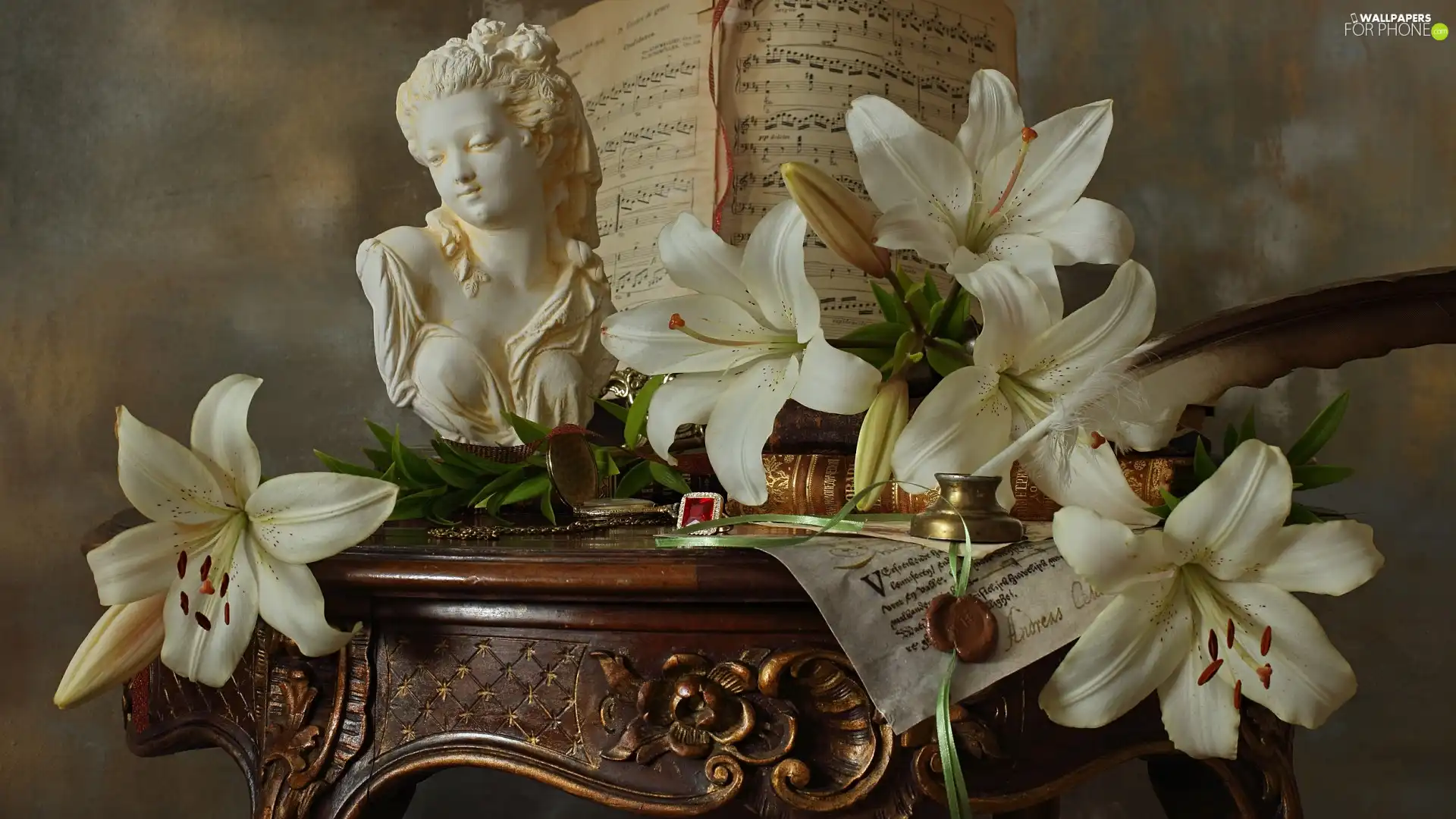 table, composition, bust, Tunes, lilies