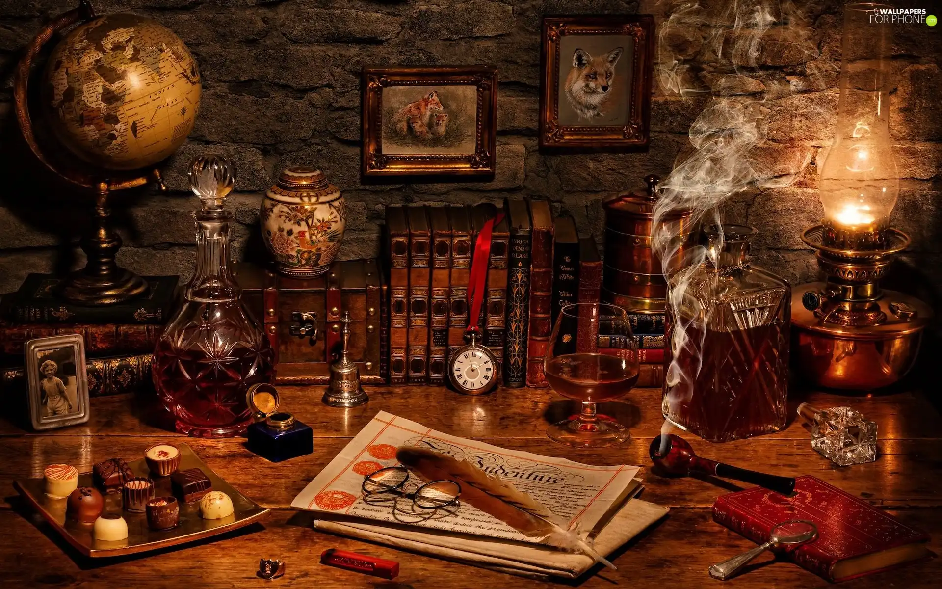 Books, composition, smoke, pipe, Paper, pralines, decanters, pictures, globe, glass, Lamp