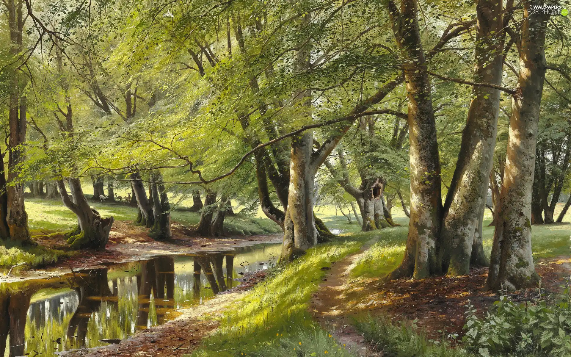 trees, Peder Monsted, River, forest, painting, viewes, deer