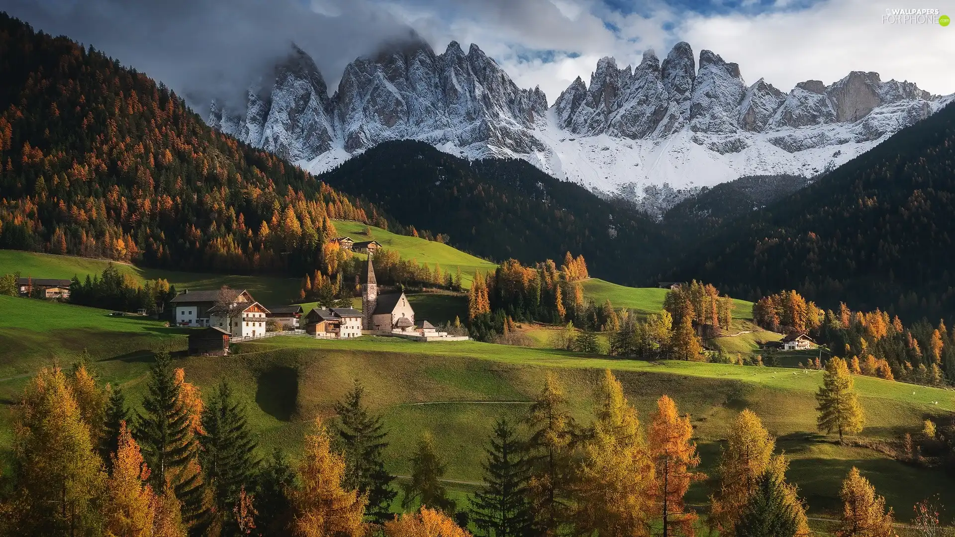 Village of Santa Maddalena, Church, Italy, Houses, Val di Funes Valley, Dolomites, Mountains, clouds