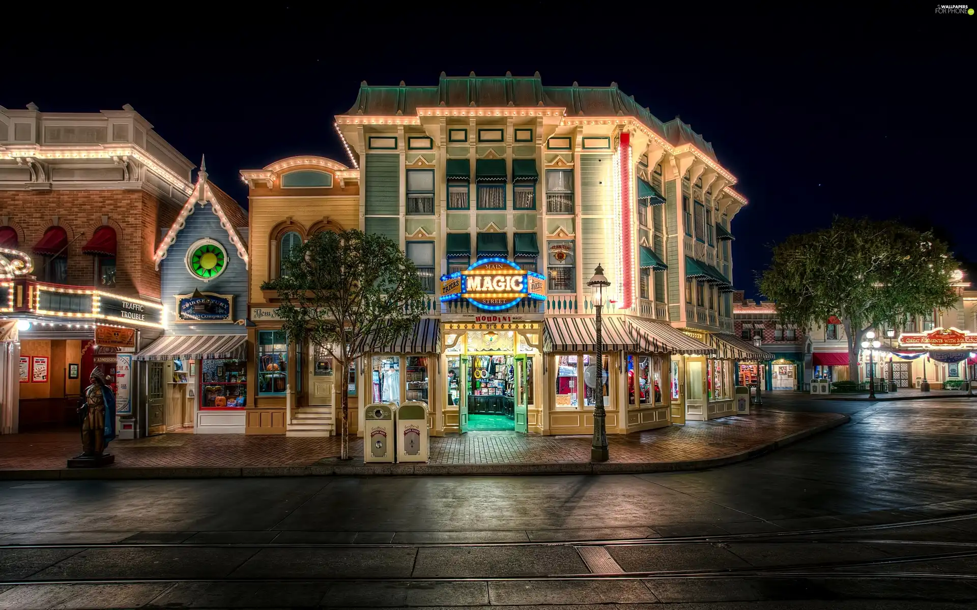 Street, Night, California, buildings, Town, Disneyland, USA