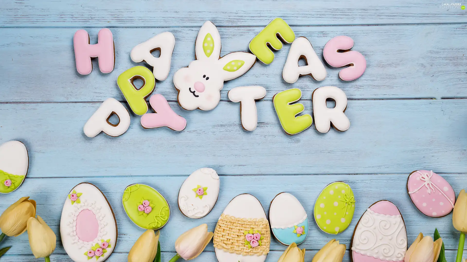 Tulips, eggs, Happy Easter, rabbit, Cookies, text, Easter