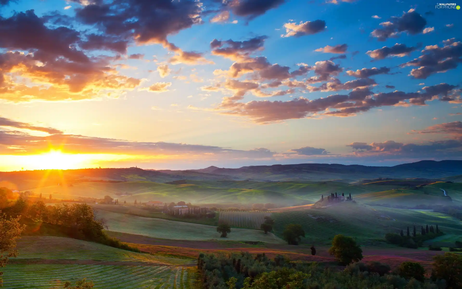 sun, medows, Mountains, Tuscany, clouds, field, Farms, Italy, autumn, rays