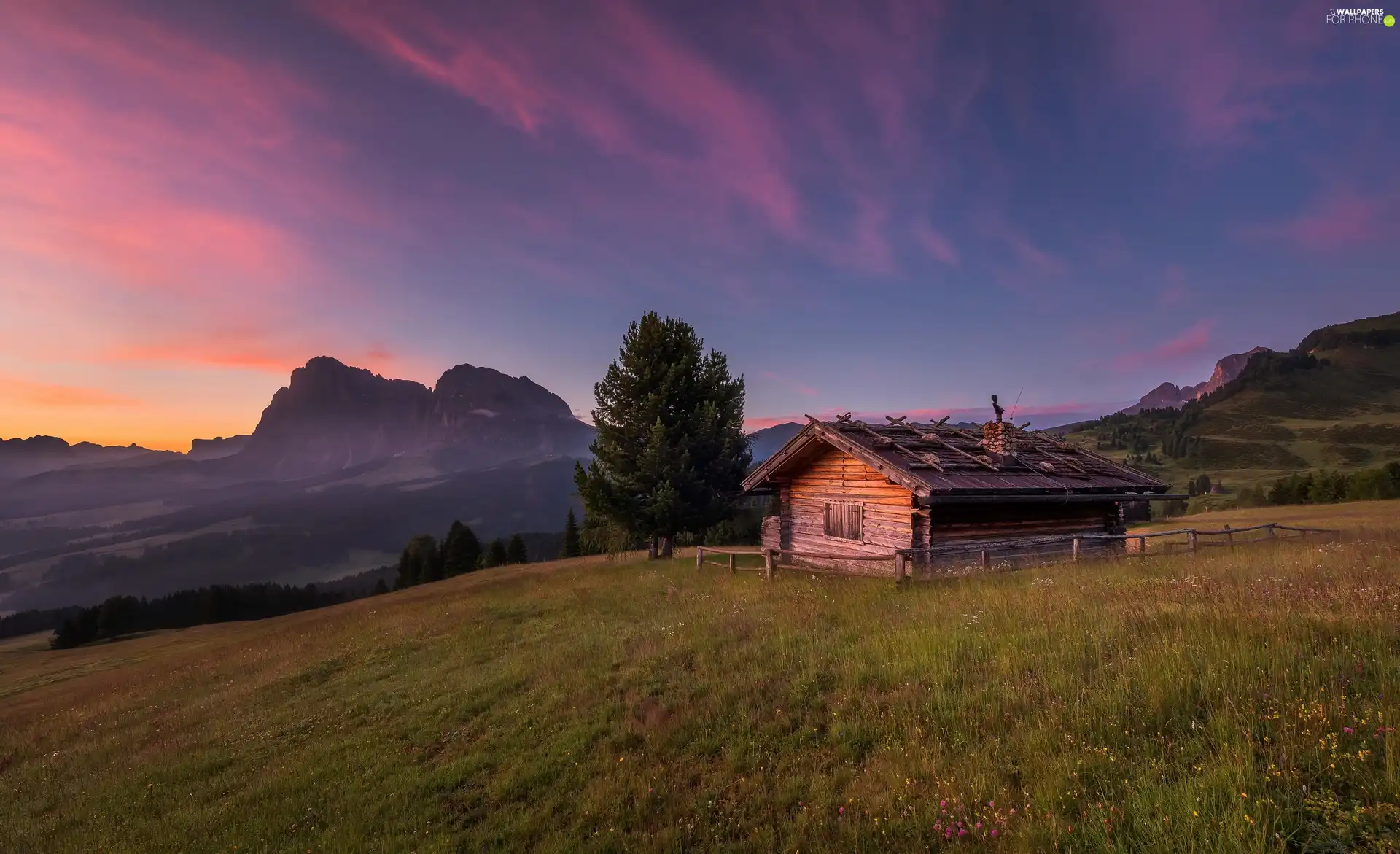 Seiser Alm Meadow, Dolomites Mountains, Italy, The Hills, fence, Great Sunsets, Wooden, cottage, Meadow