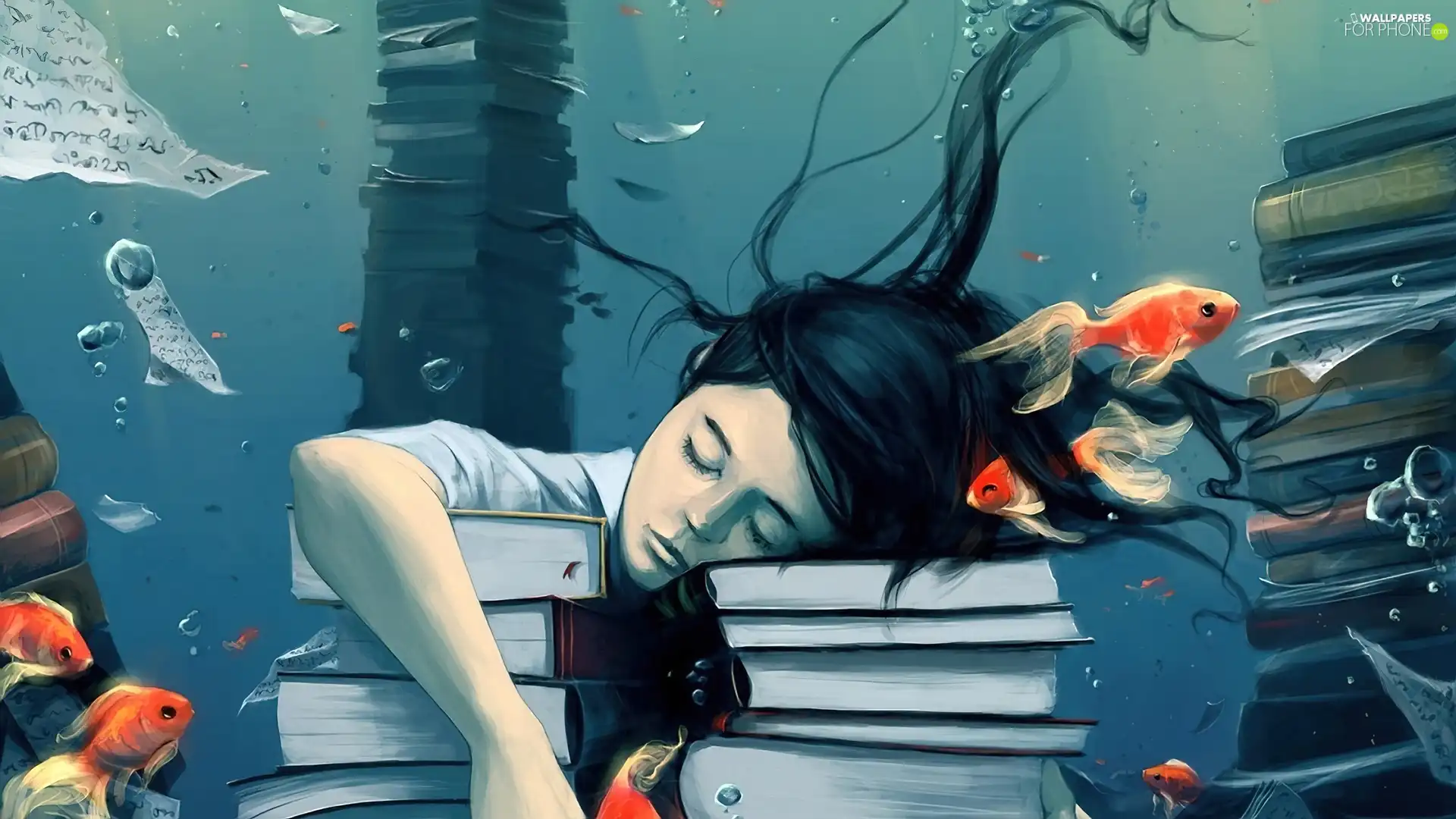 the sleeping, Books, fishes, girl