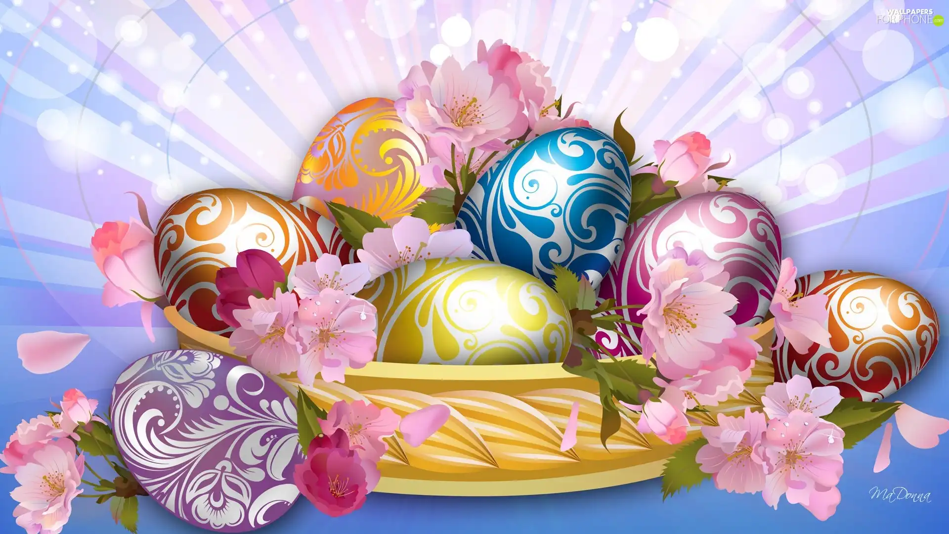 Flowers, basket, color, eggs, Easter