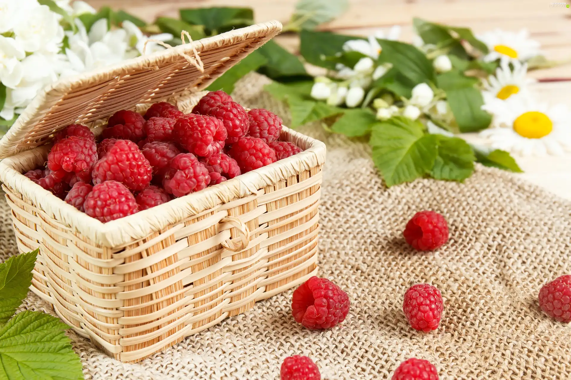 Flowers, raspberries, basket