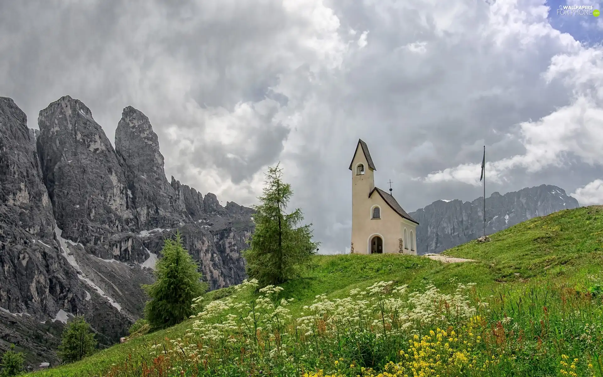 church, Meadow, Flowers, Mountains