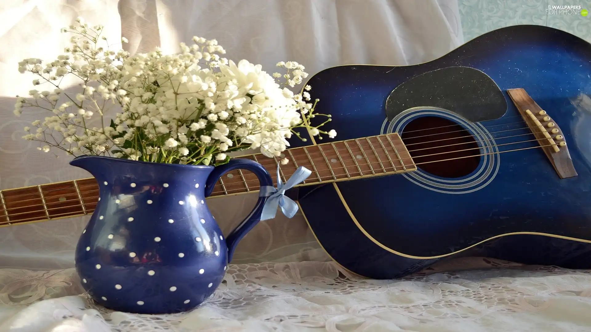 Guitar, White, Flowers, jug