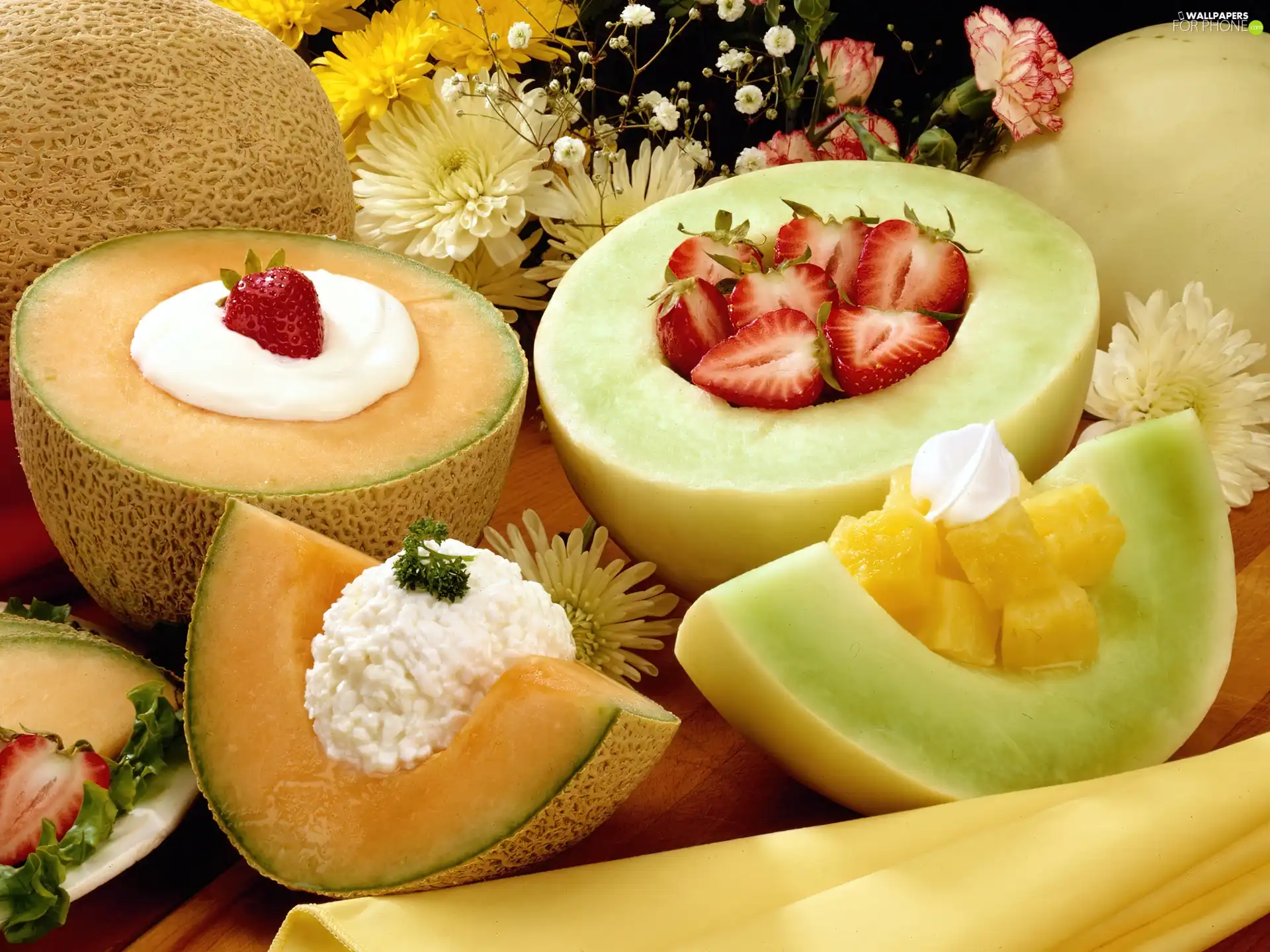 melons, Cottage cheese, Flowers, strawberries