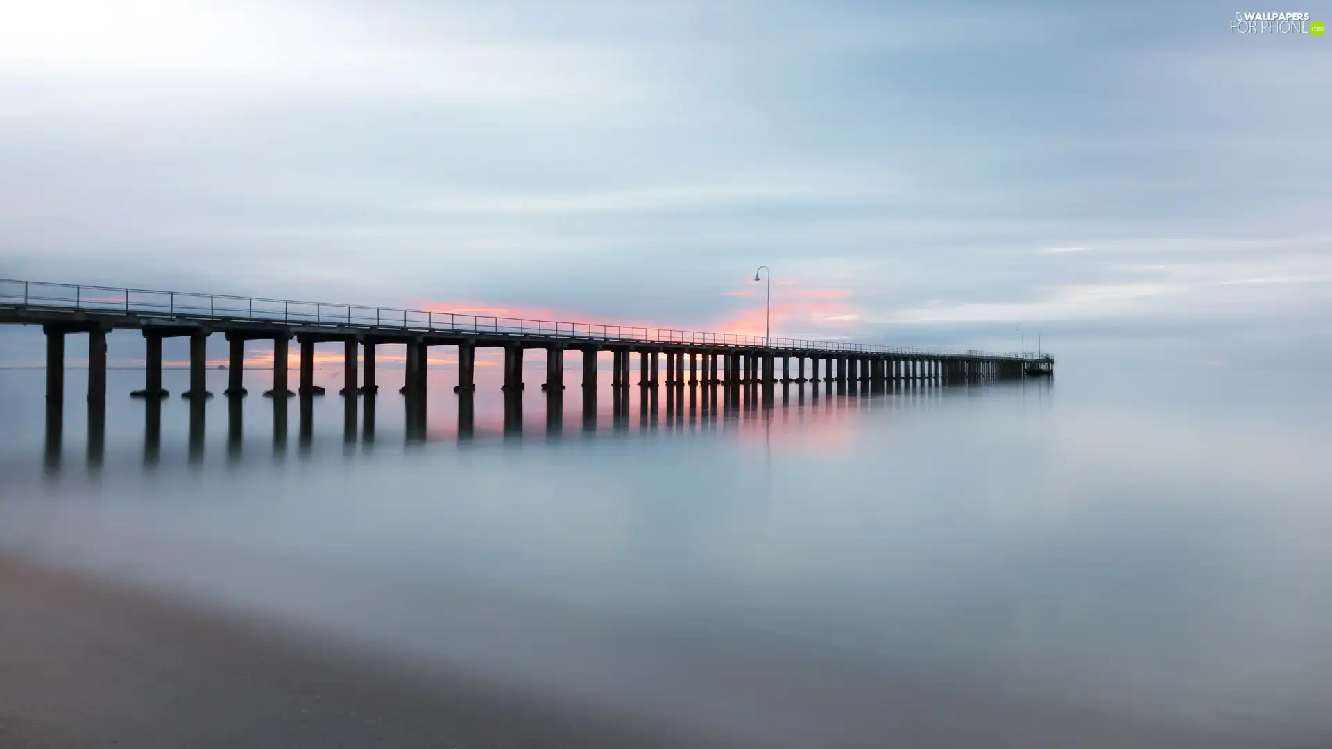 sea, pier, Sunrise, Fog