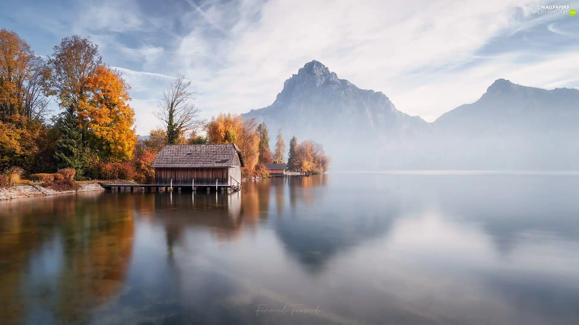 Fog, Lake Traunsee, Mountains, Houses, autumn, Austria, trees, viewes, Yellowed