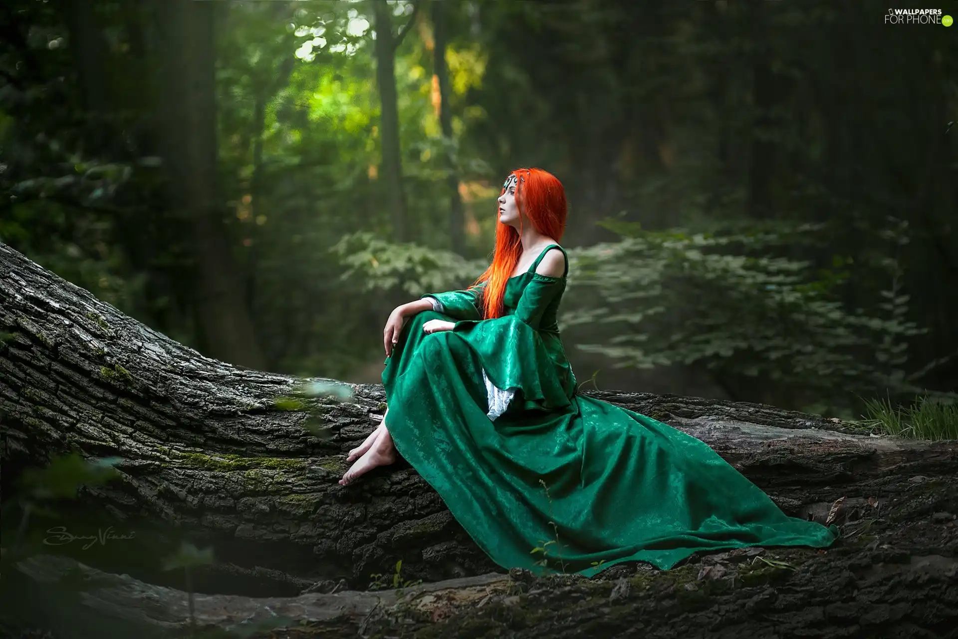 Women, redhead, long, Green, viewes, Lod on the beach, forest, trees, Dress