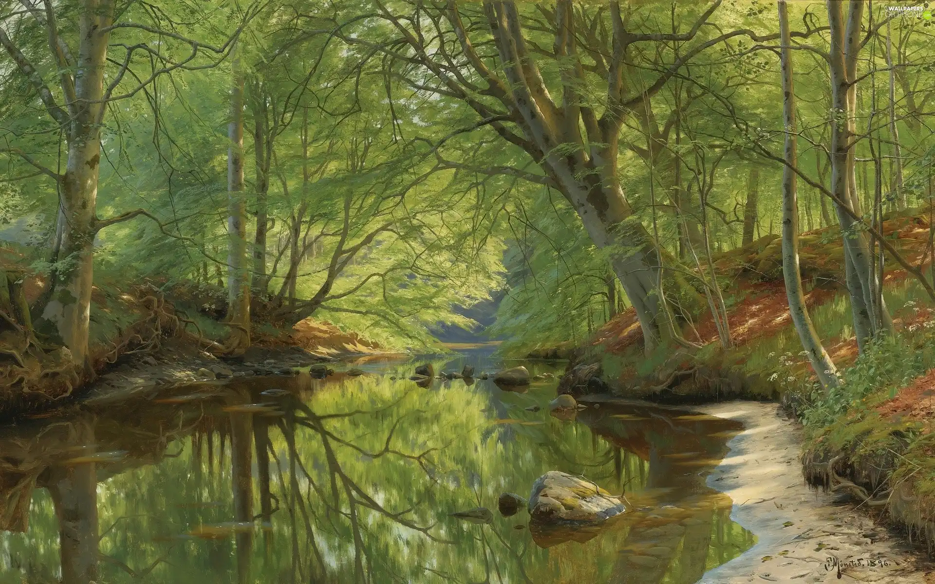 trees, Peder Monsted, forest, River, viewes, painting