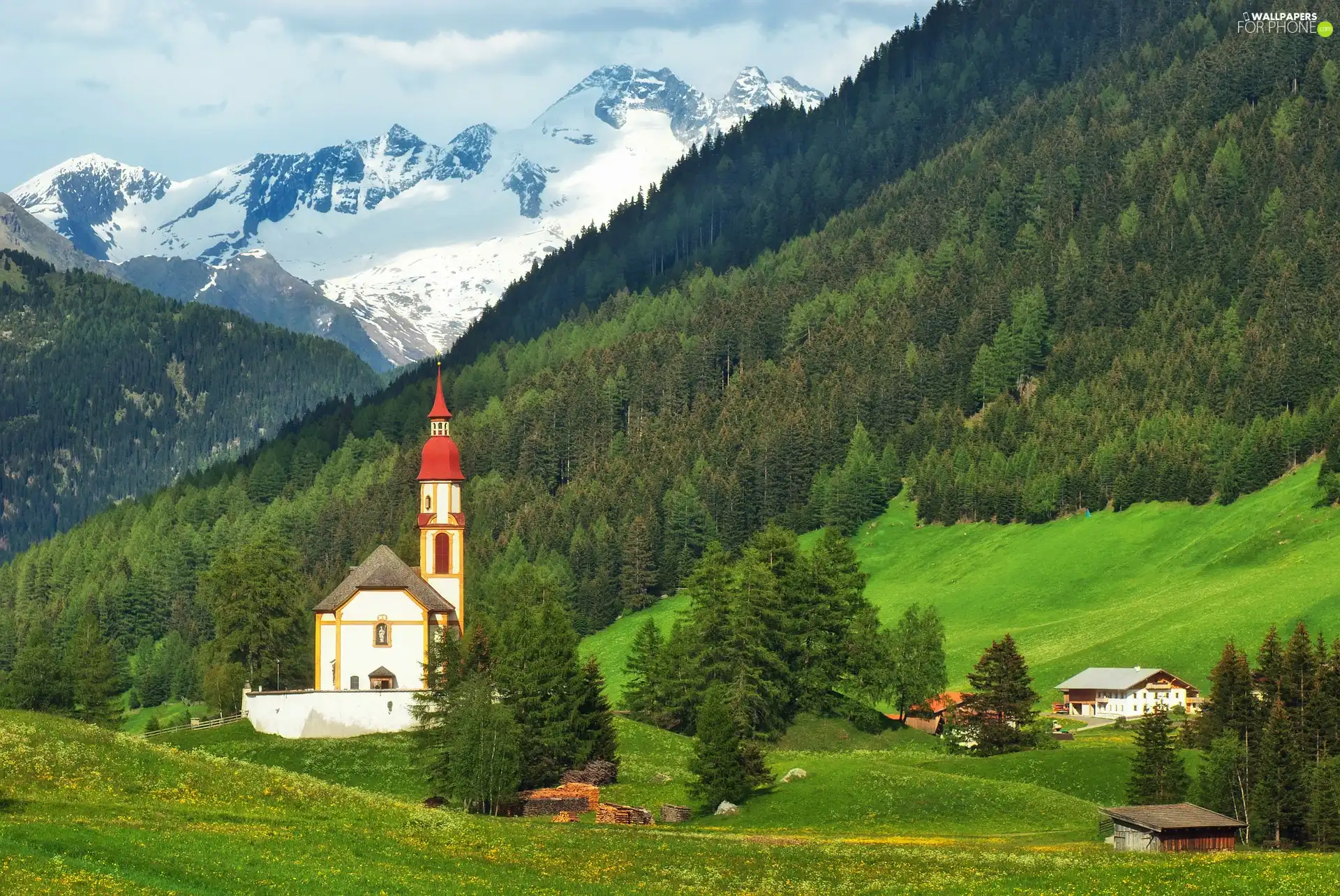 viewes, forest, Mountains, trees, Church
