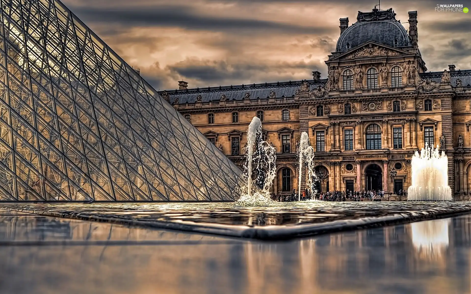 pond, fragment, dark, Louvre, Paris, fountain, clouds
