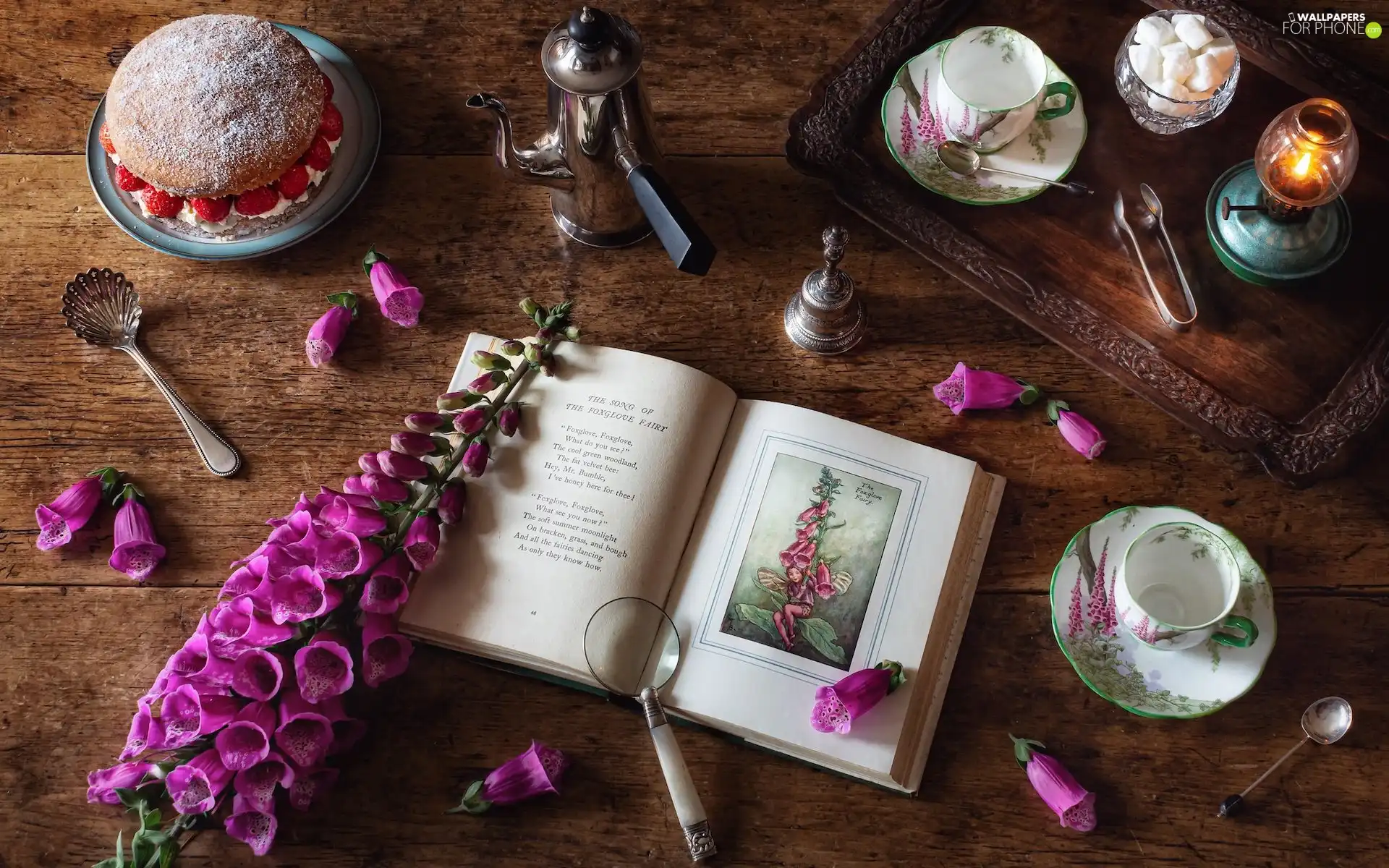 Lamp, cake, plate, Flowers, cups, Book, composition, foxglove