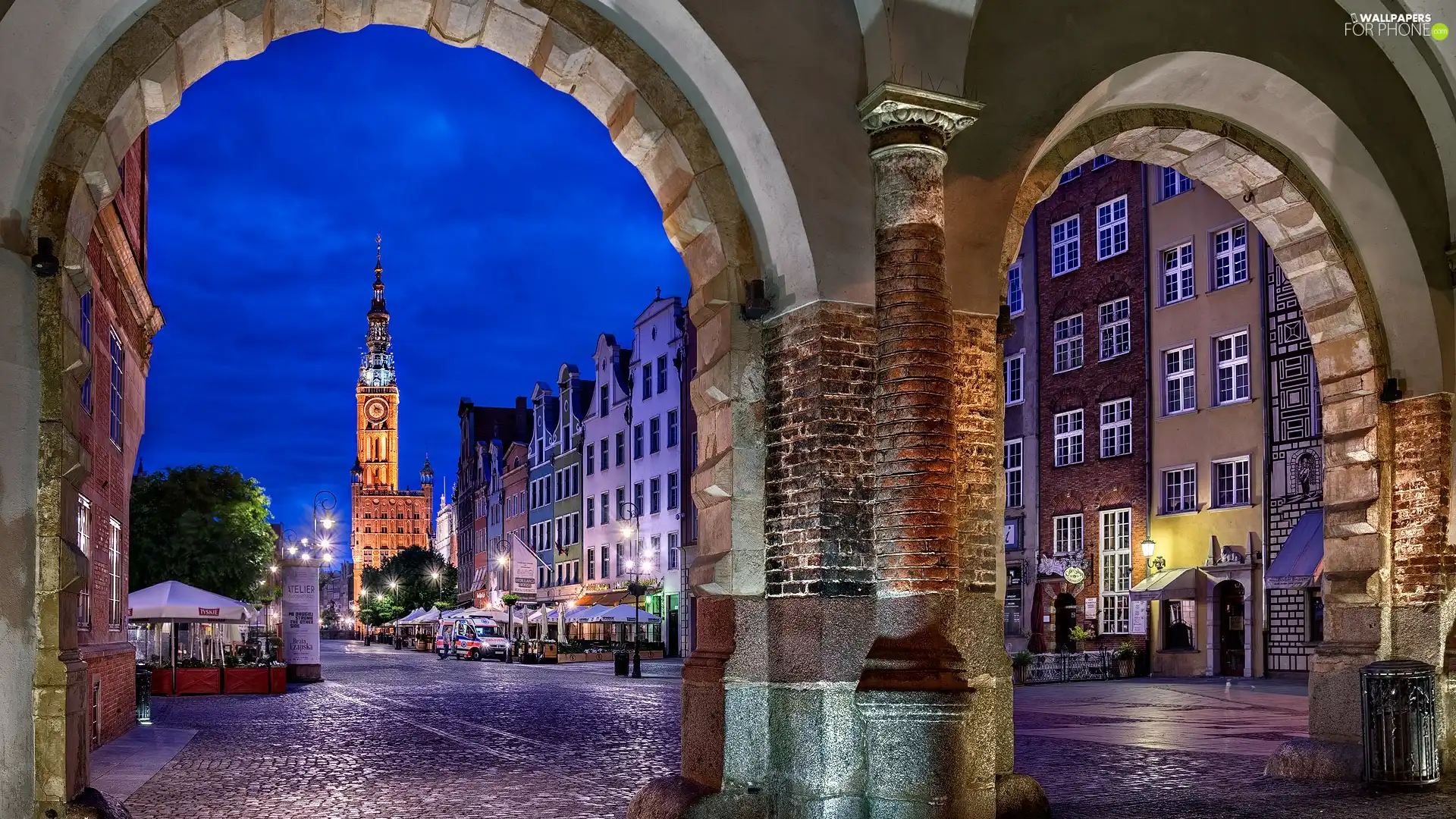 town hall, Street, Gdańsk, Poland, Gate, Houses