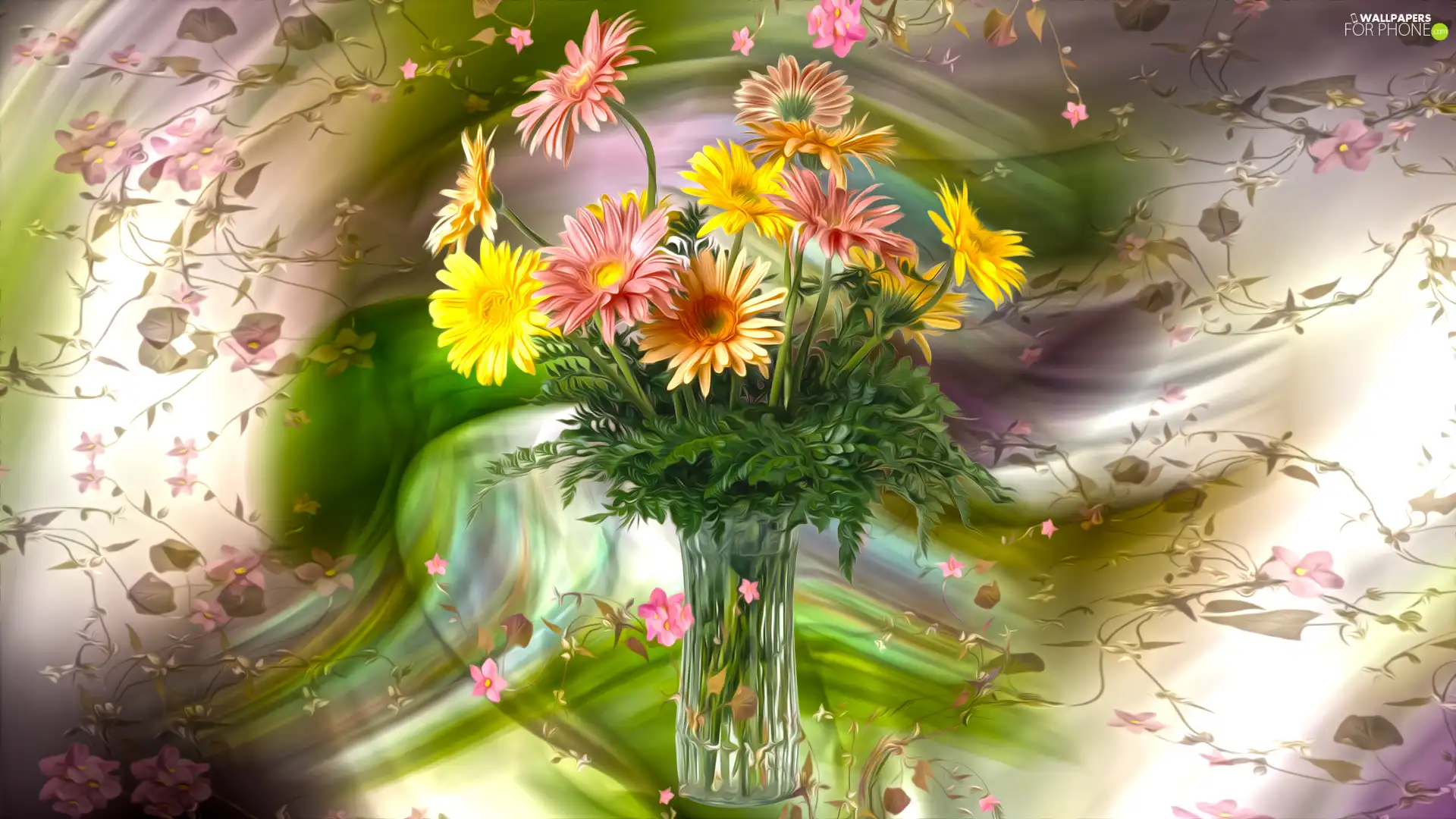 Flowers, Vase, graphics, gerberas