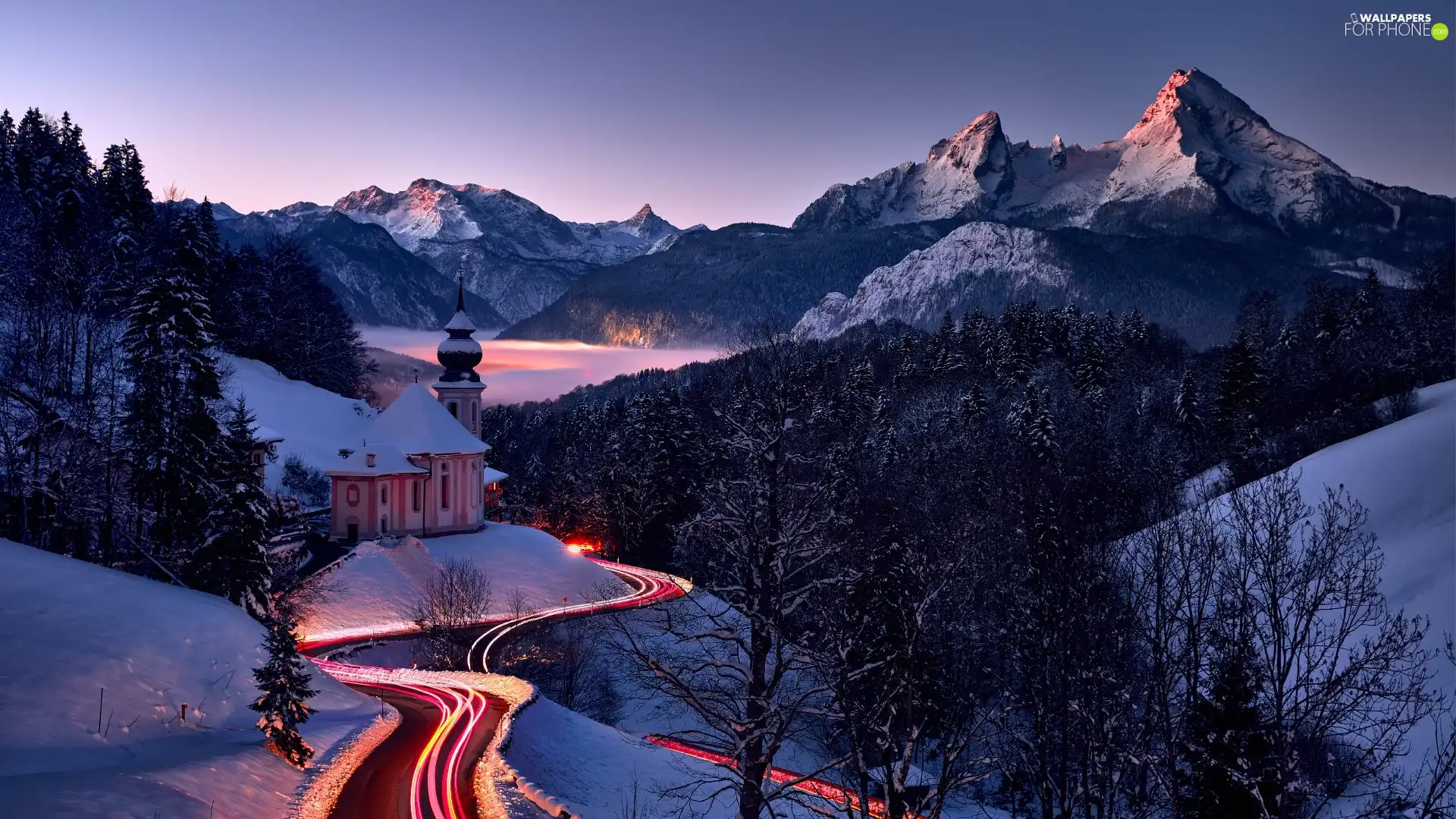 winter, viewes, Berchtesgaden, woods, Salzburg Slate Alps, Bavaria, trees, Church, Germany, Way, Mountains, Sanctuary of Maria Gern