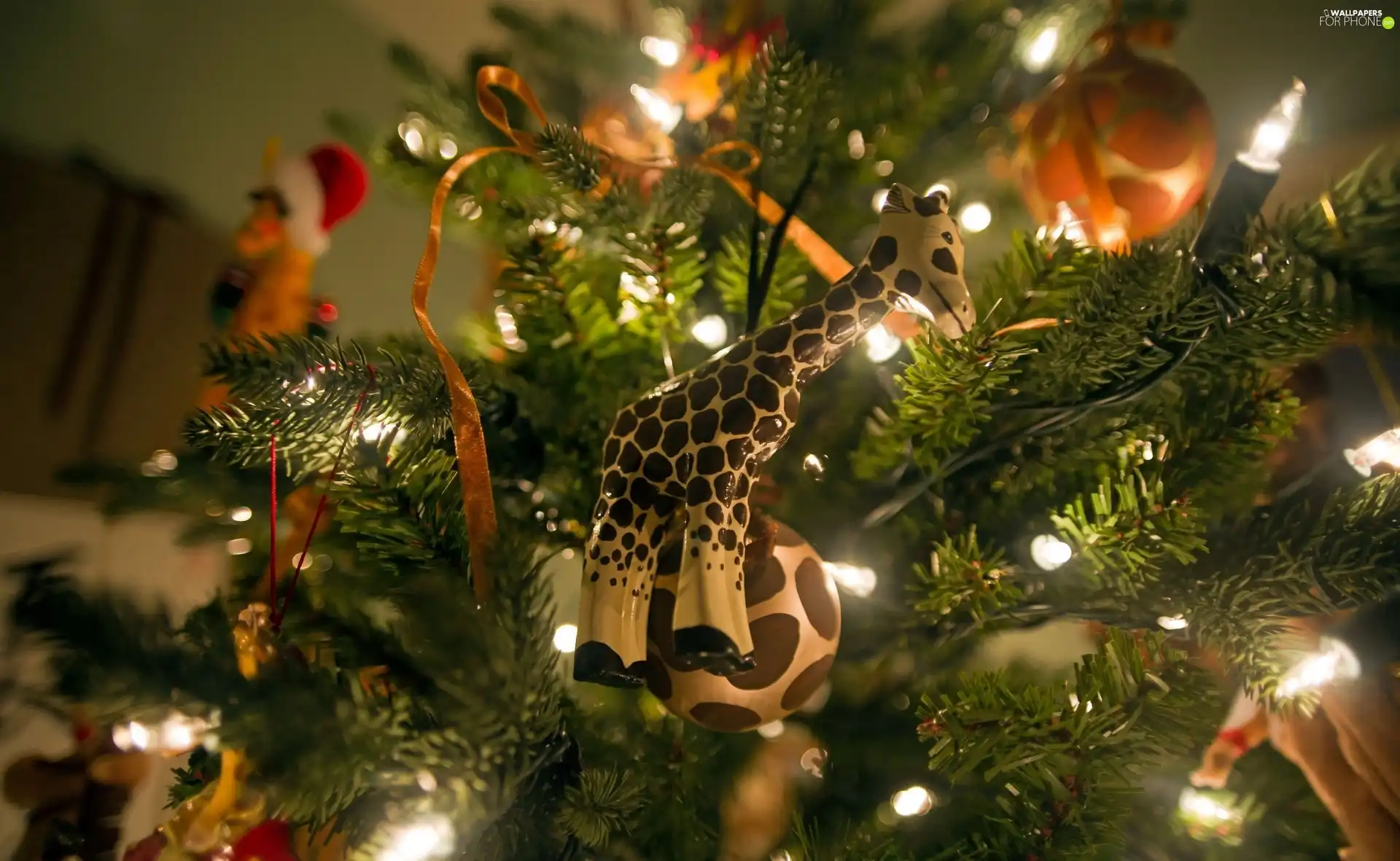 christmas tree, lights, giraffe, ornamentation