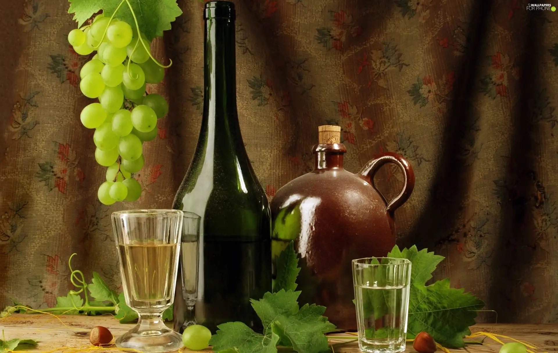 Grapes, Wine, glass, Bottles