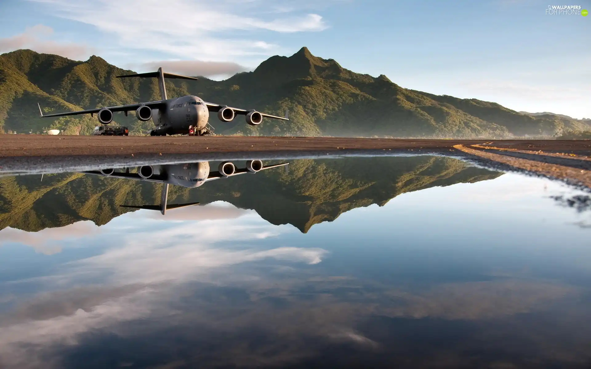 Globemaster III, Boeing, water, reflection, Mountains, C-17
