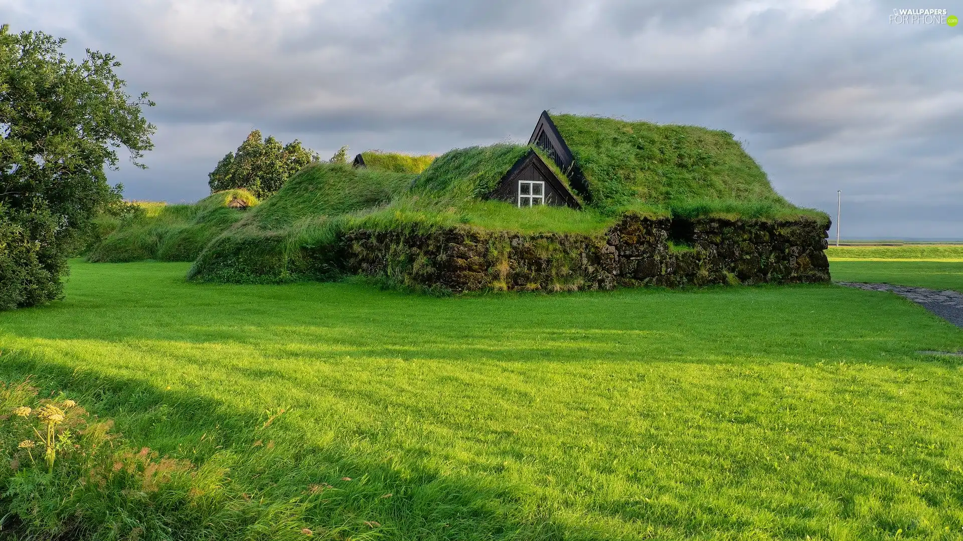 Stones, grass, country, house, iceland