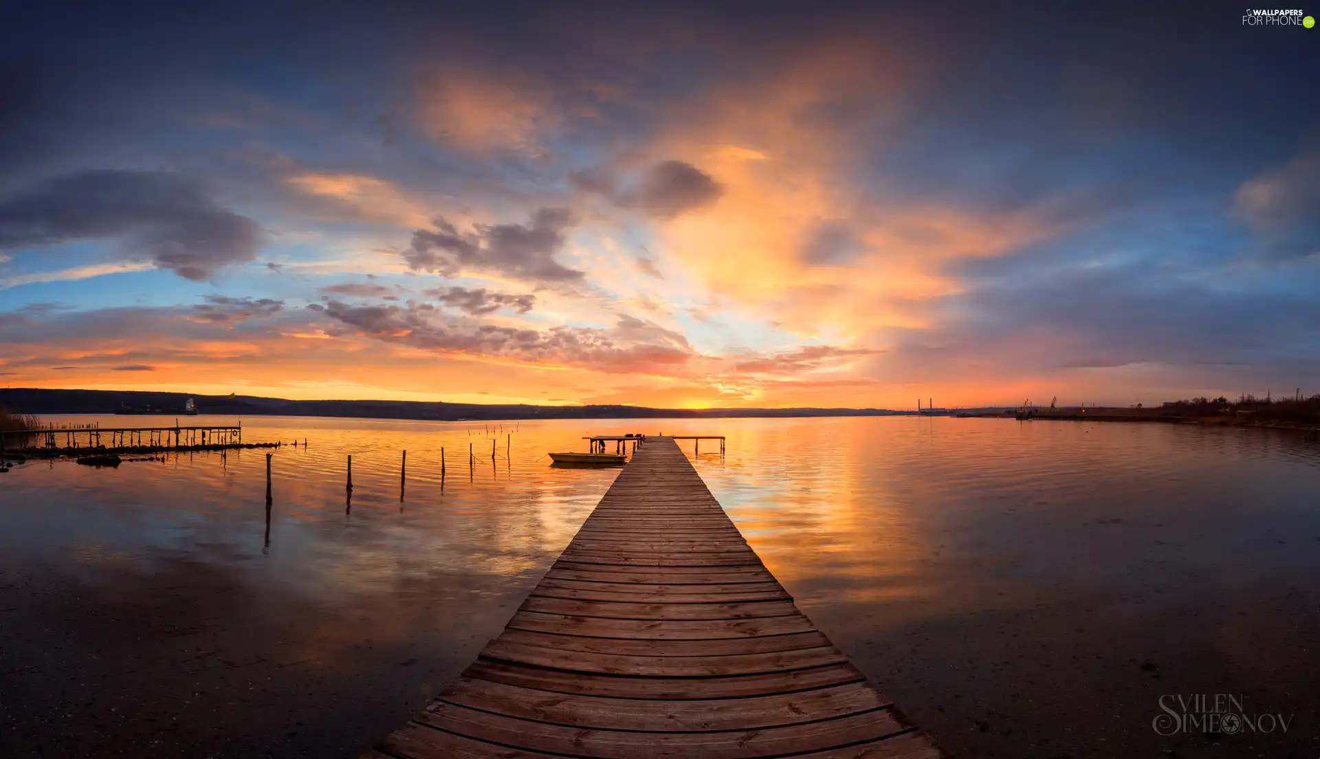 Great Sunsets, clouds, Platform, Boat, lake