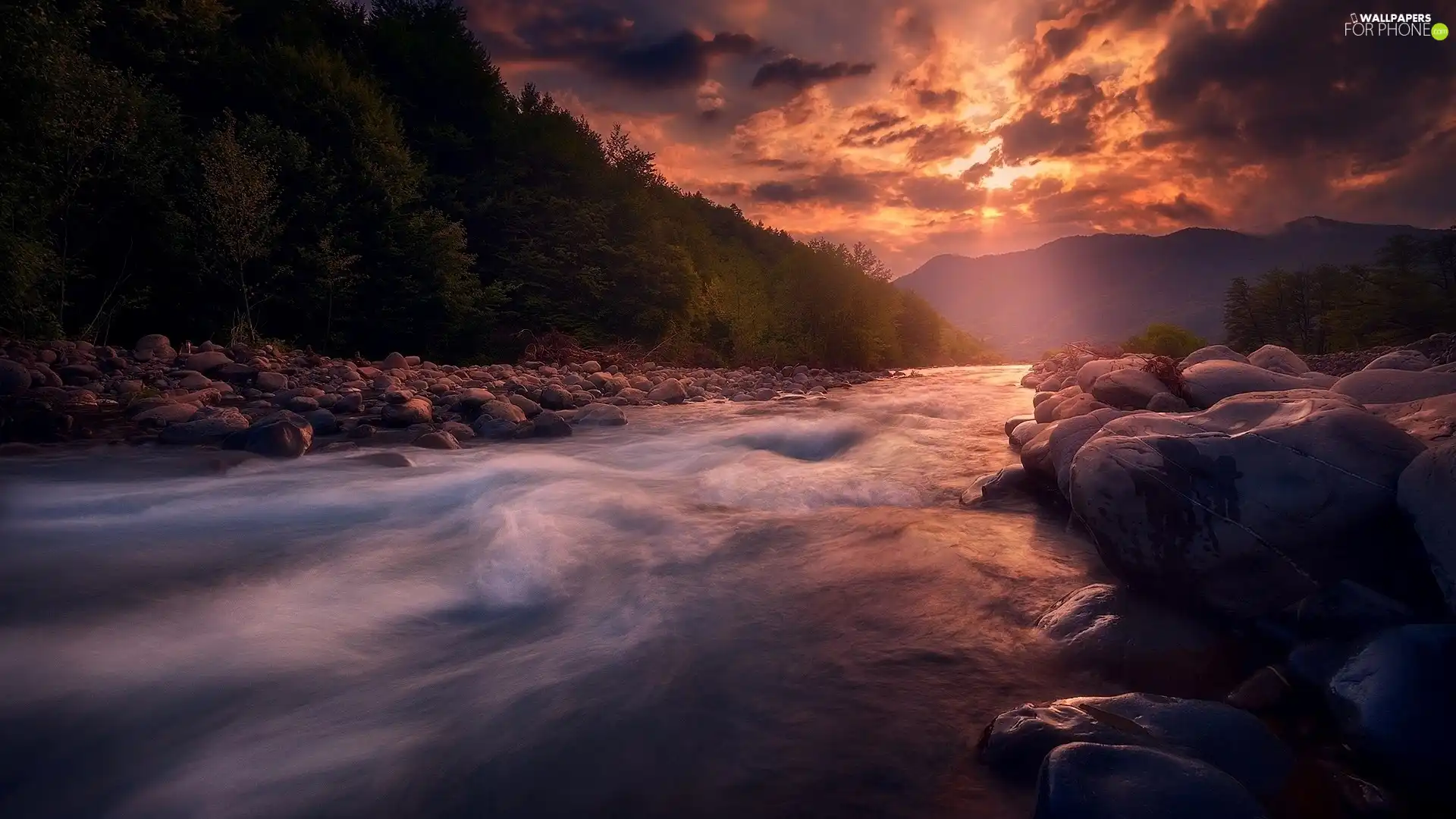 Mountains, River, clouds, Great Sunsets, forest, Stones
