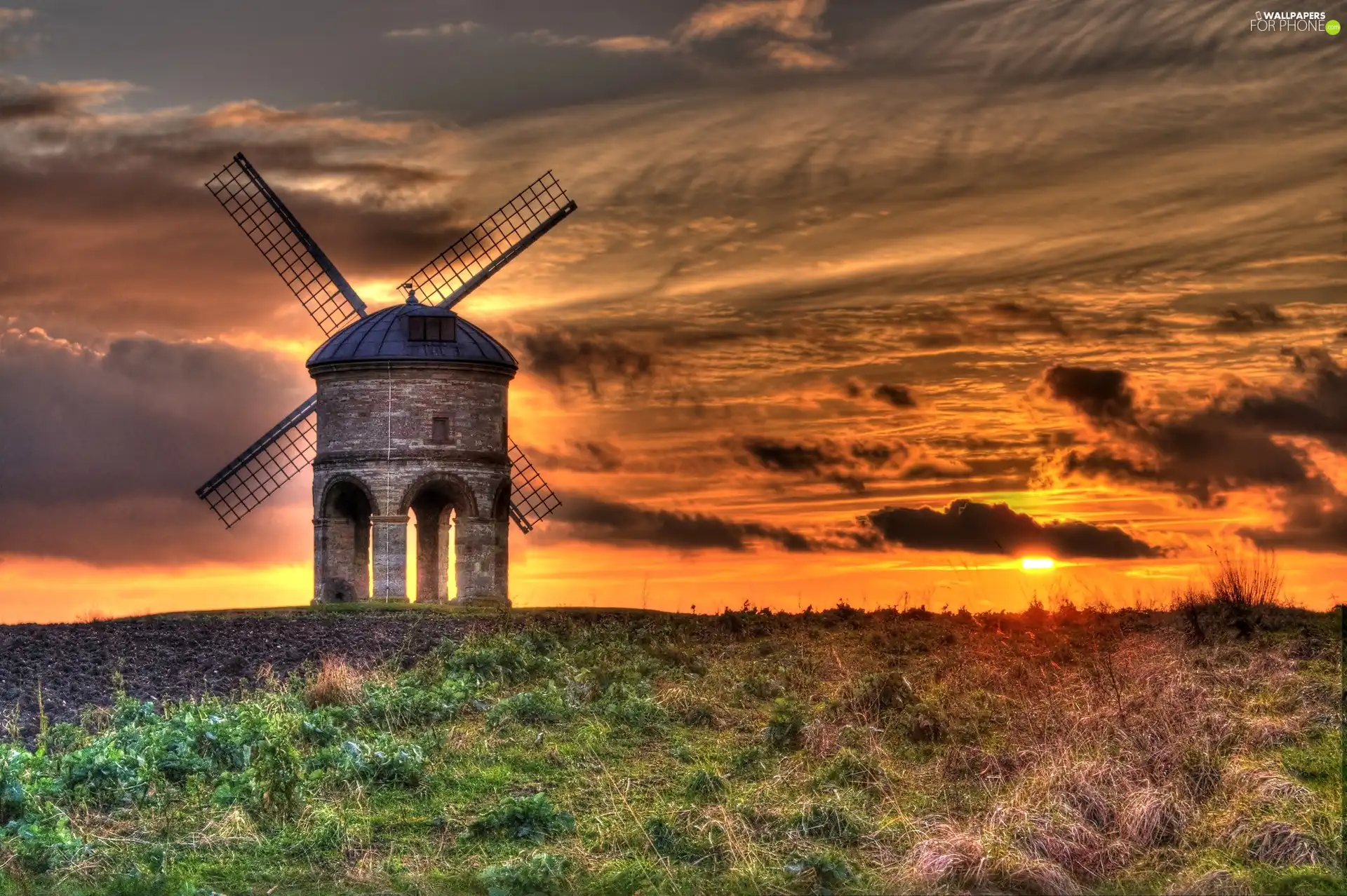 grass, Windmill, Great Sunsets