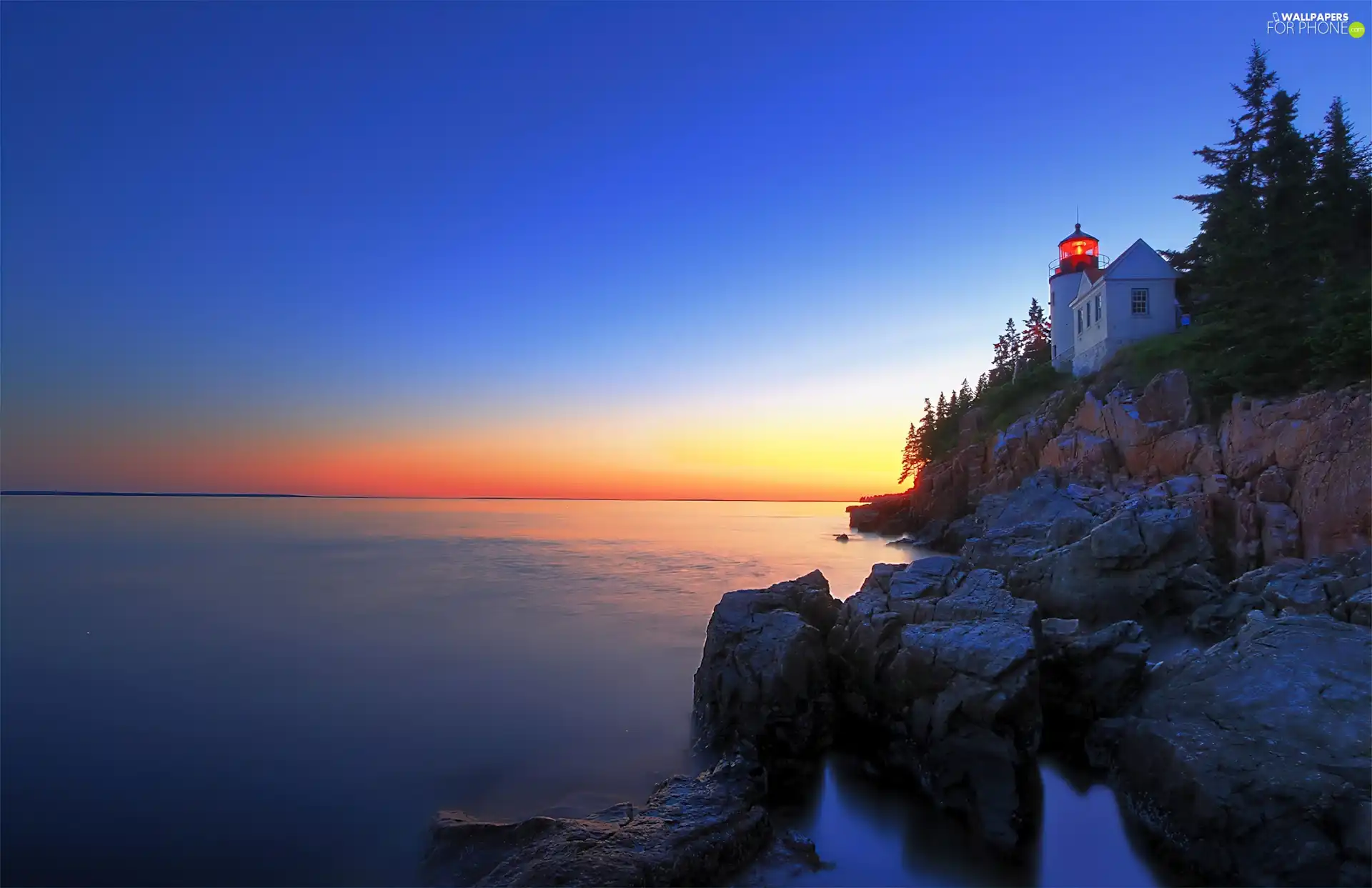 Great Sunsets, Maine, rocks, sea, Lighthouses